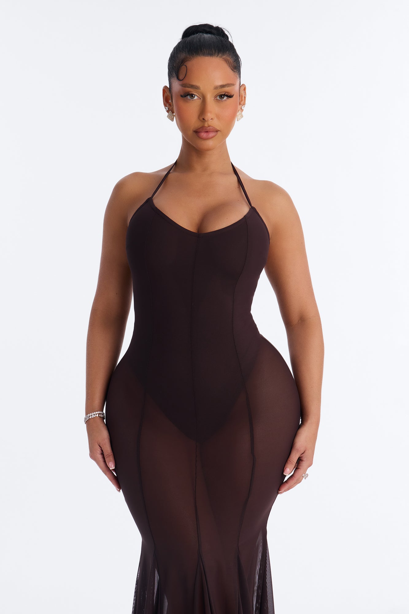 Power Mesh V Neck Halter Maxi Dress - Chocolate image 2