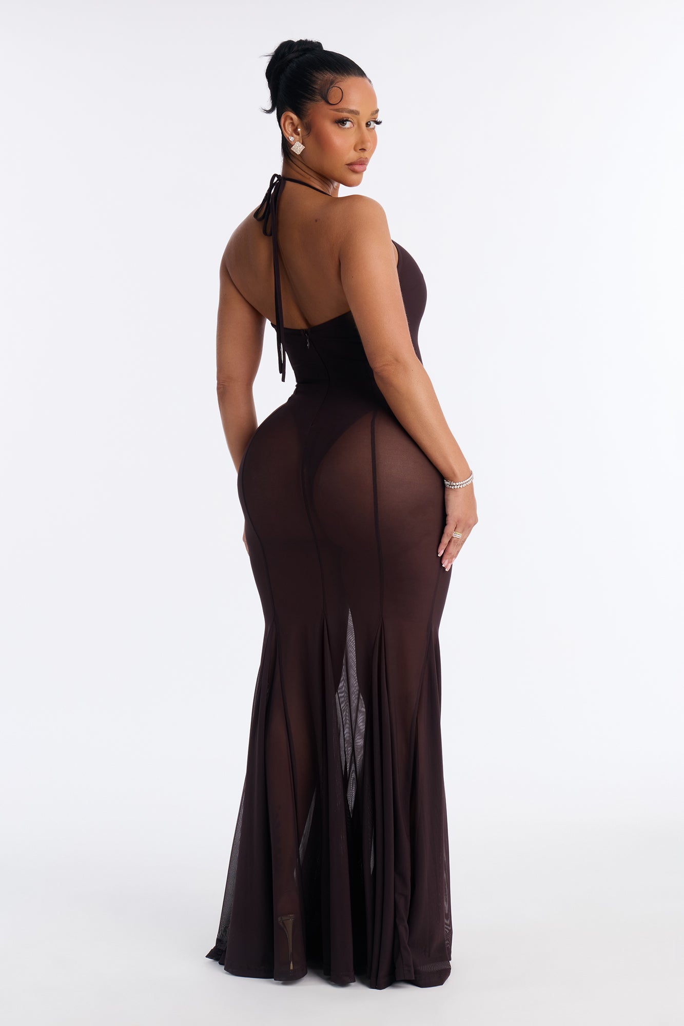 Power Mesh V Neck Halter Maxi Dress - Chocolate image 4