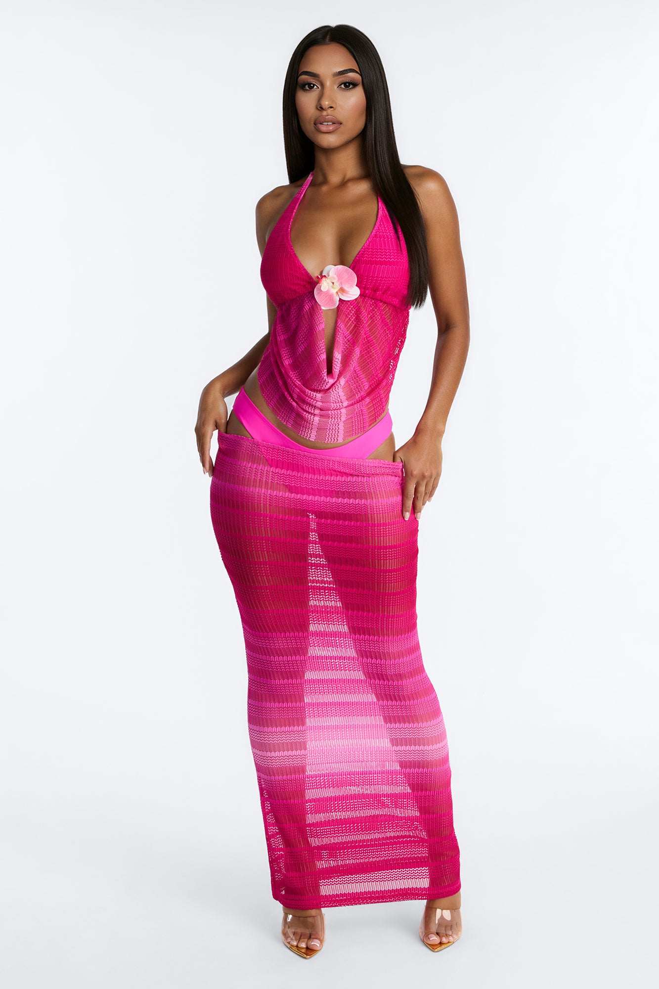 Sunset Flower 3 Piece Ombre Crochet Triangle Bikini & Cover Up Maxi Skirt Sunsuit - Pink/combo