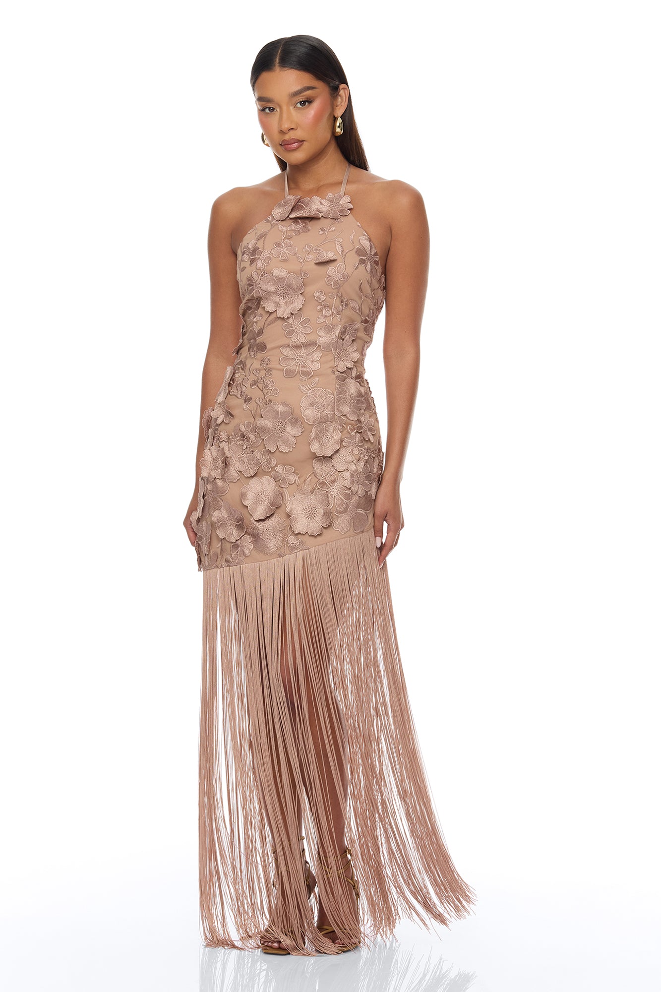 Nicole Embroidered Fringe Maxi Dress - Mocha