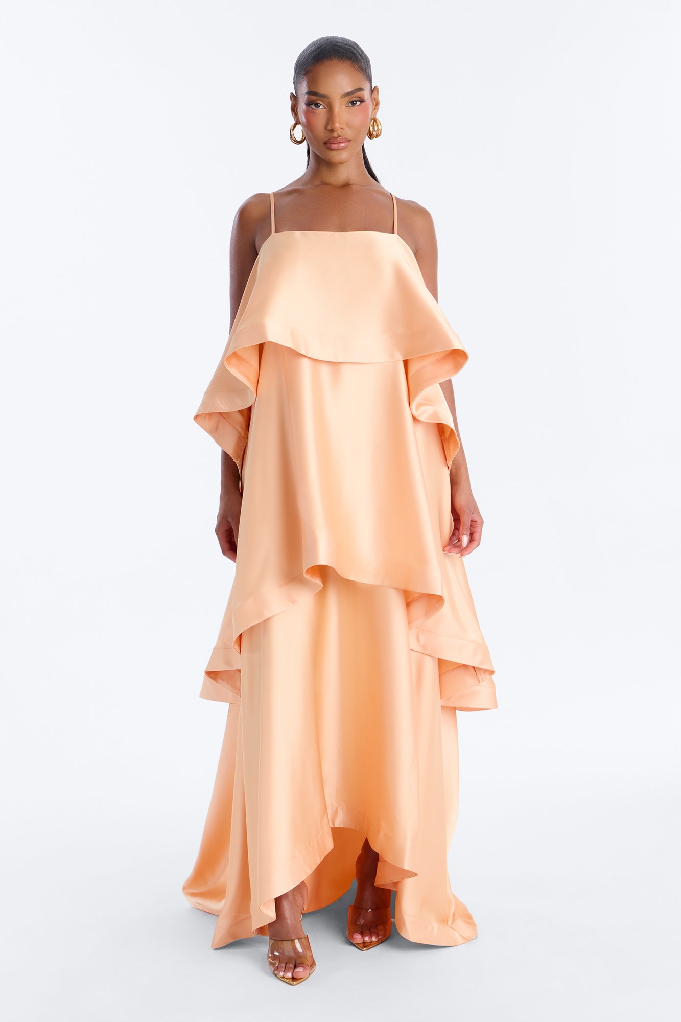Rowen Tiered Satin Gown - Peach