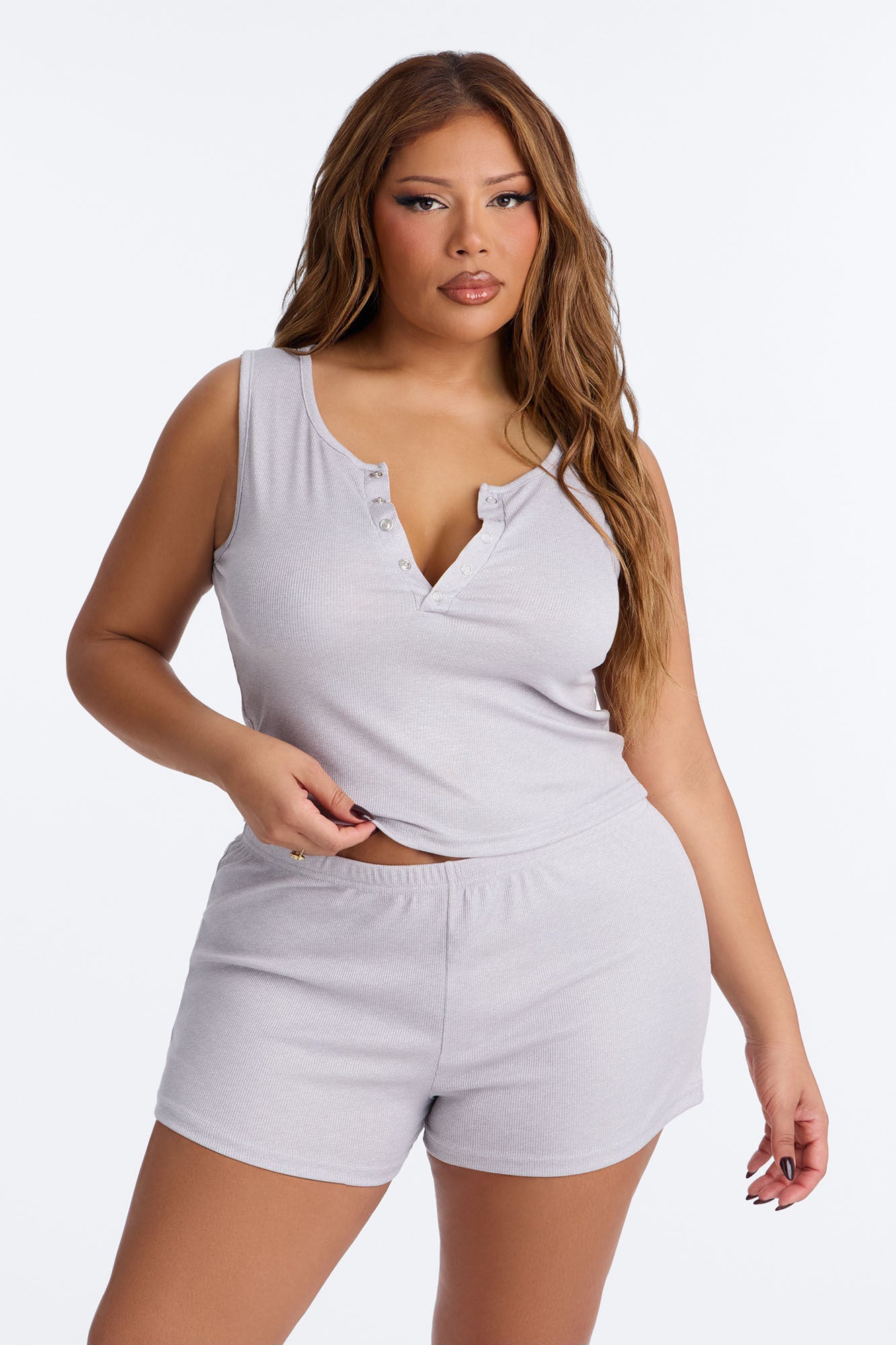 Homebody Ribbed V-Neck PJ Short Set - Heather Grey