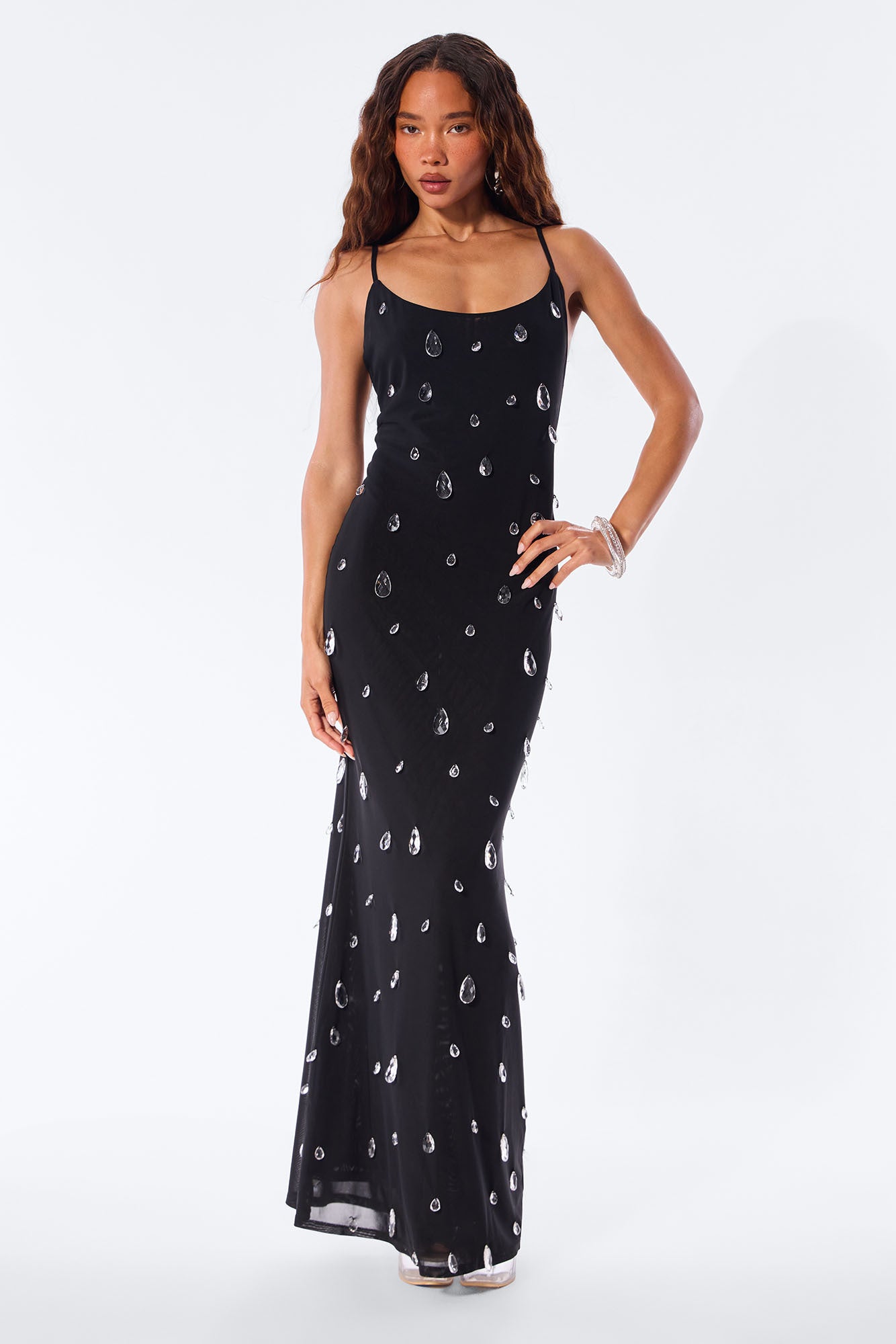 Spotlight Raindrop Bead Mesh Maxi Dress - Black