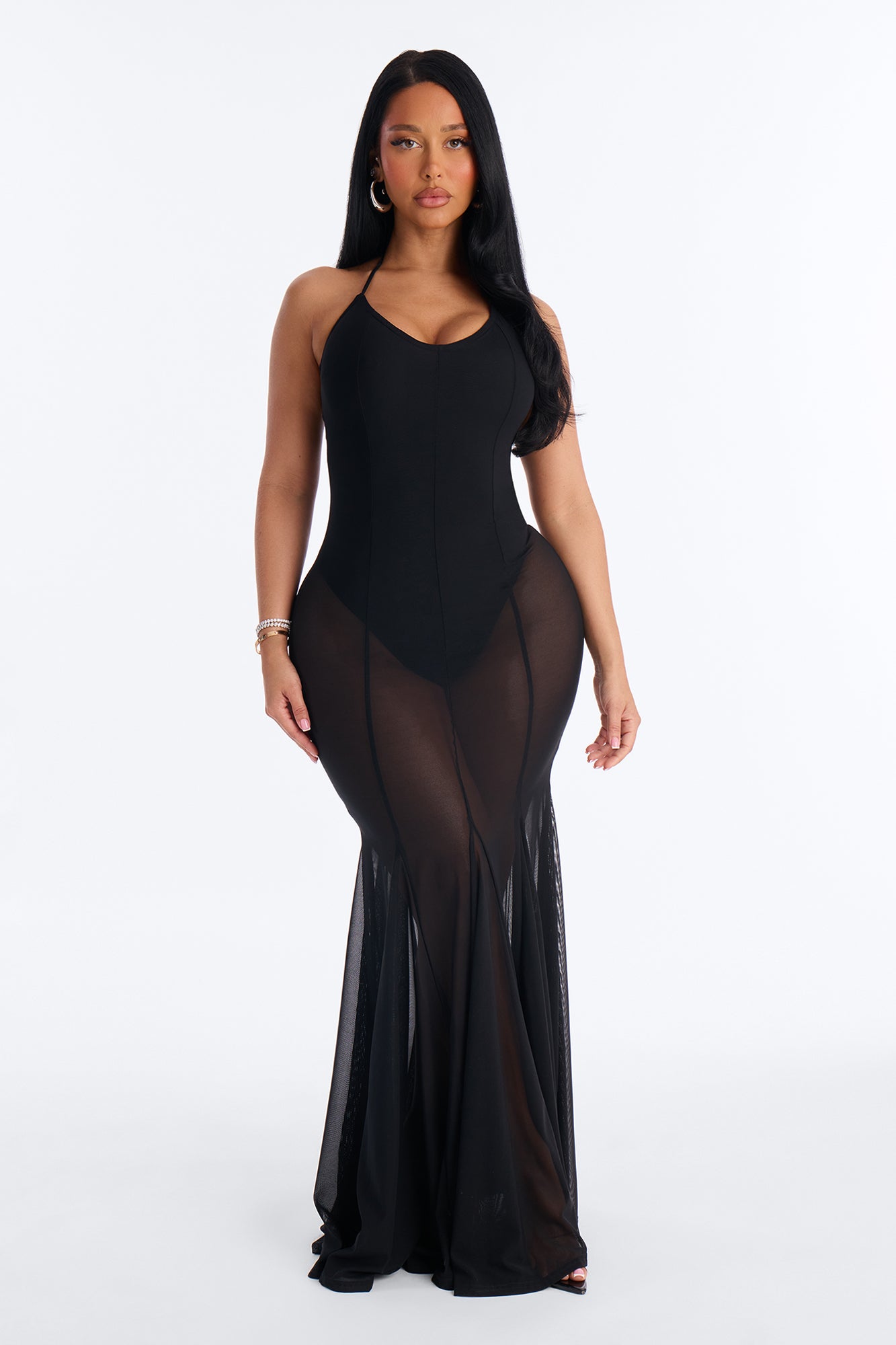 Power Mesh V Neck Halter Maxi Dress - Black