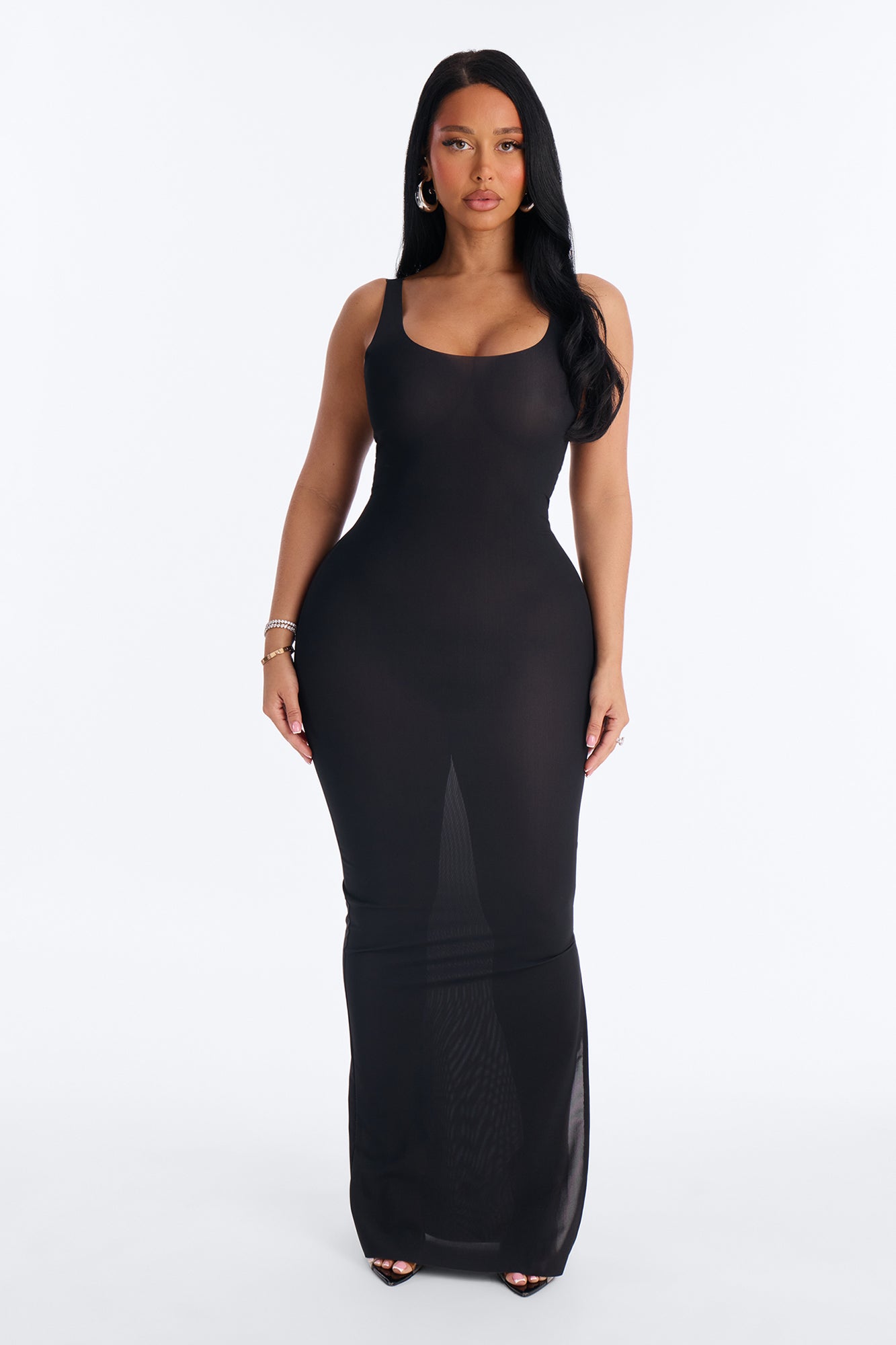 Power Mesh Low Scoop Back Sleeveless Maxi Dress - Black