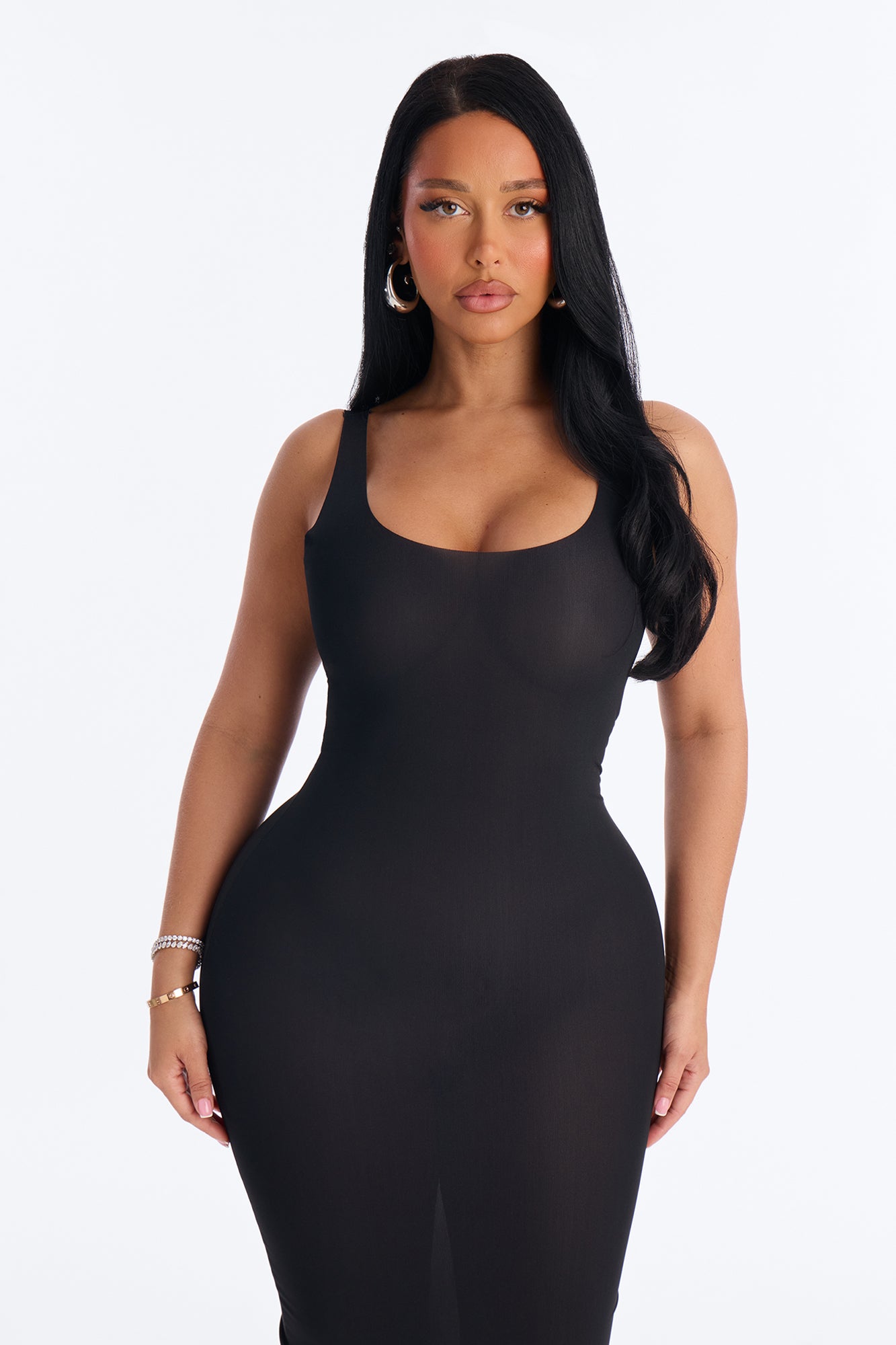 Power Mesh Low Scoop Back Sleeveless Maxi Dress - Black image 2