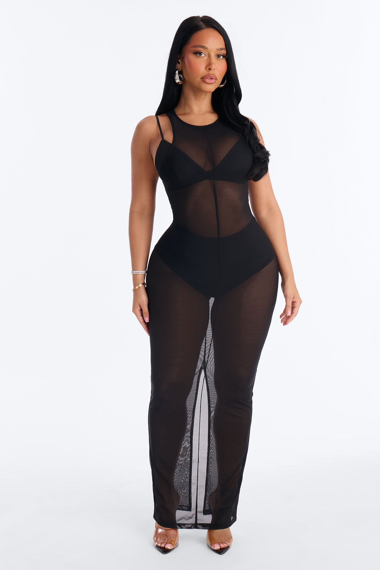 Power Mesh Sleeveless 3 Piece Maxi Dress Set - Black