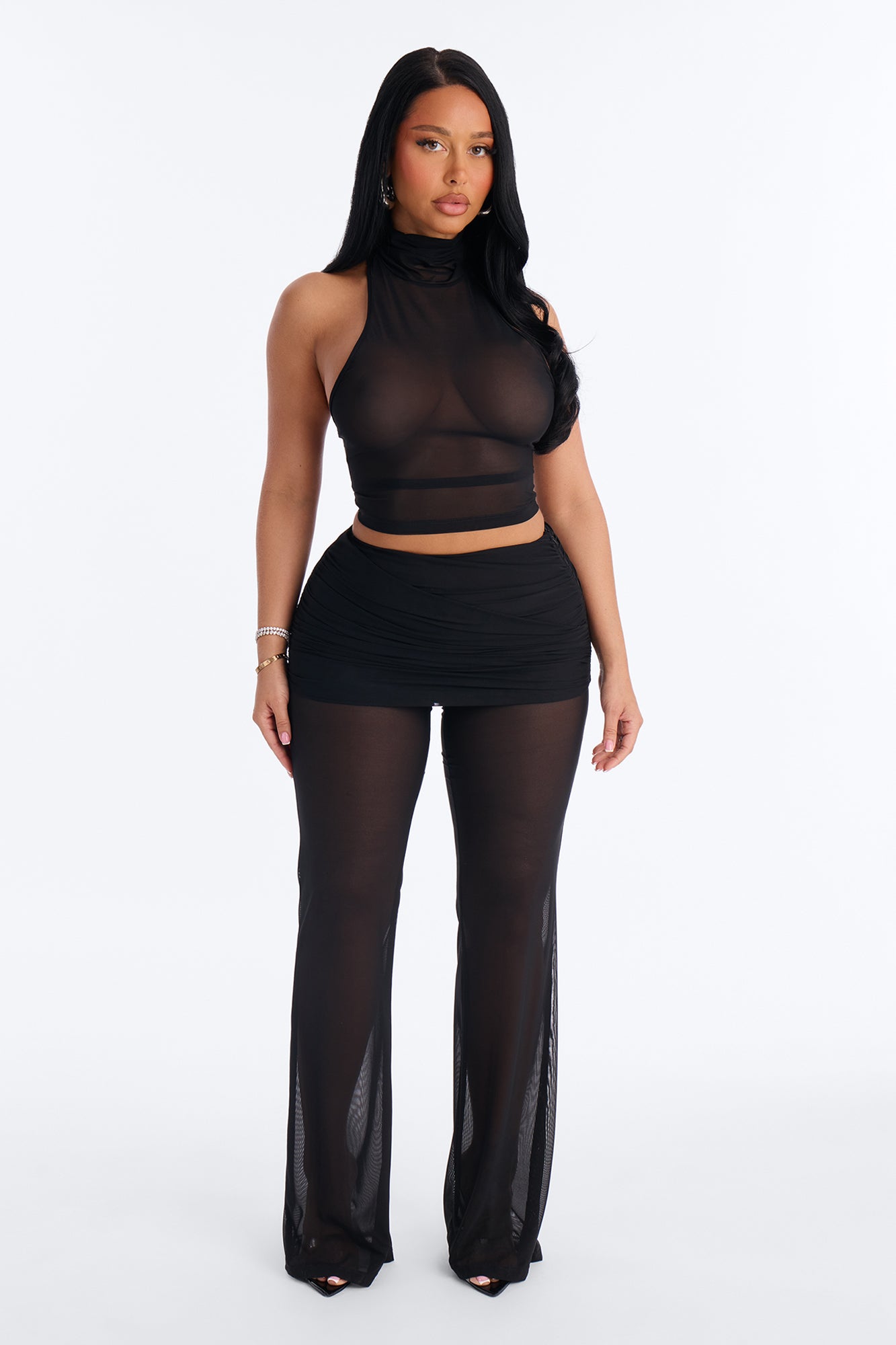 Power Mesh High Neck Thin Racerback Sleeveless Top - Black image 2