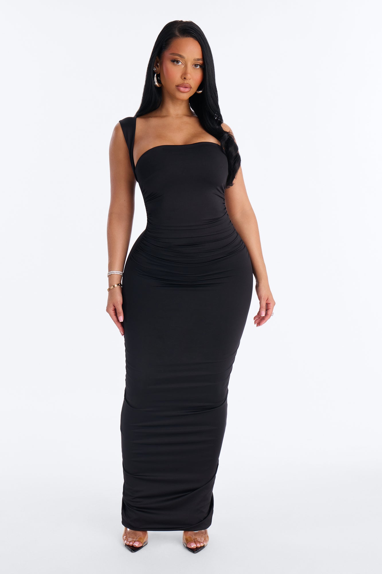 Contour Double Lined Straight Neck Maxi Dress - Black