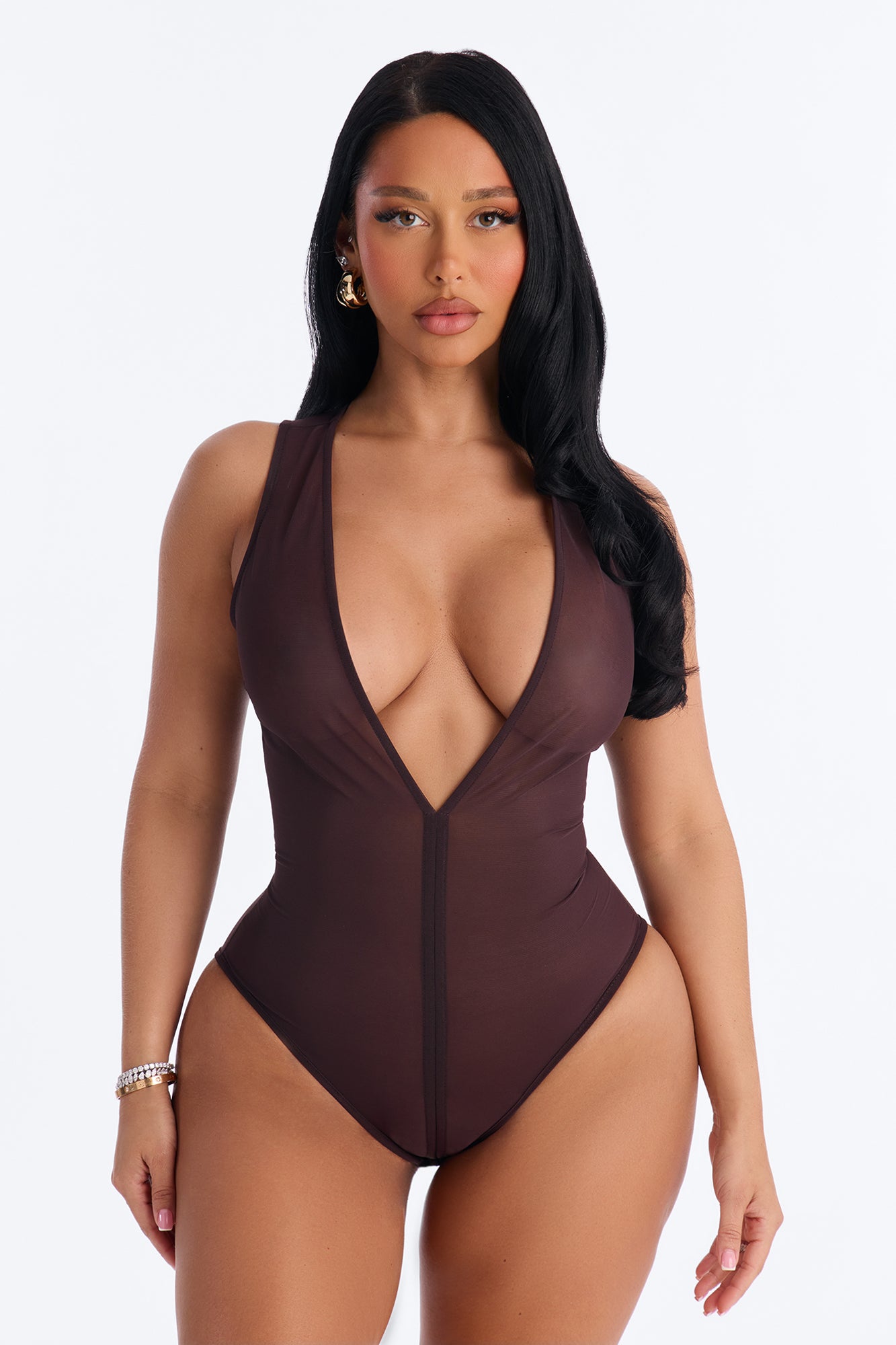 Power Mesh Deep V Neck Sleeveless Bodysuit - Chocolate