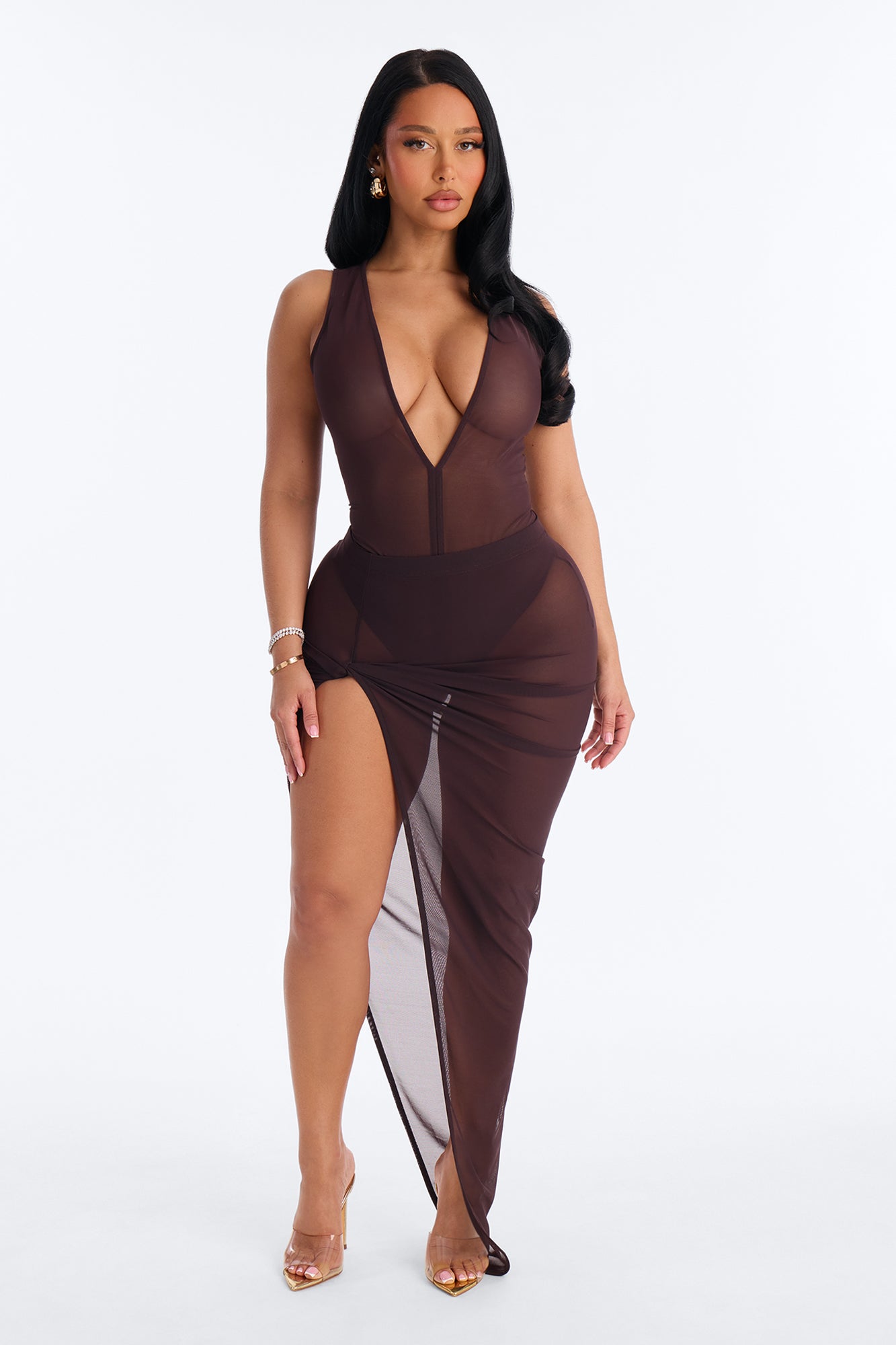 Power Mesh Ruched Twist High Slit Maxi Skirt - Chocolate
