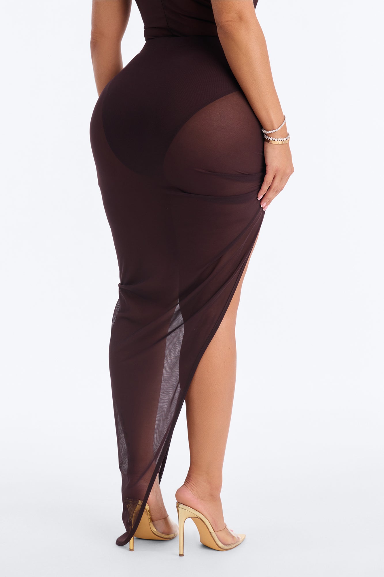 Power Mesh Ruched Twist High Slit Maxi Skirt - Chocolate image 4