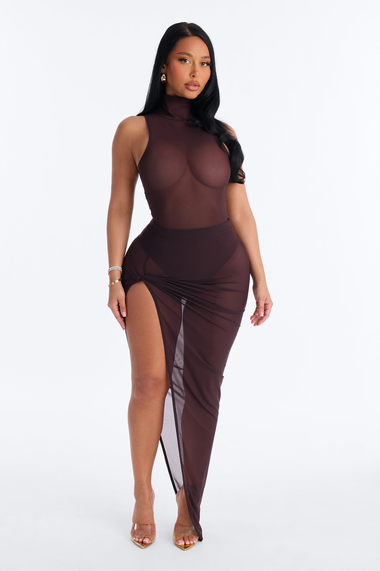 Power Mesh Turtle Neck Sleeveless Bodysuit - Chocolate image 2