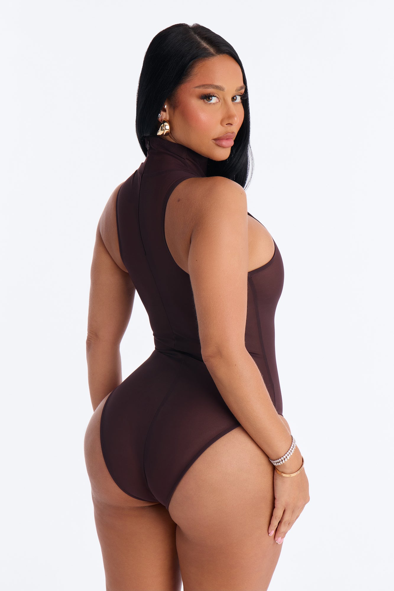 Power Mesh Turtle Neck Sleeveless Bodysuit - Chocolate image 5