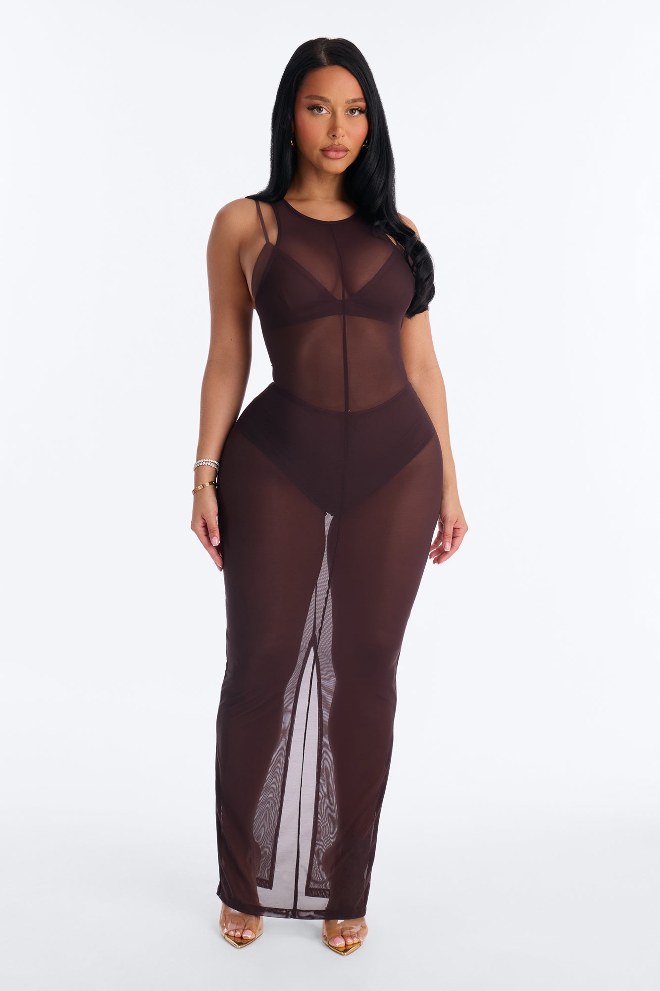 Power Mesh Sleeveless 3 Piece Maxi Dress Set - Chocolate
