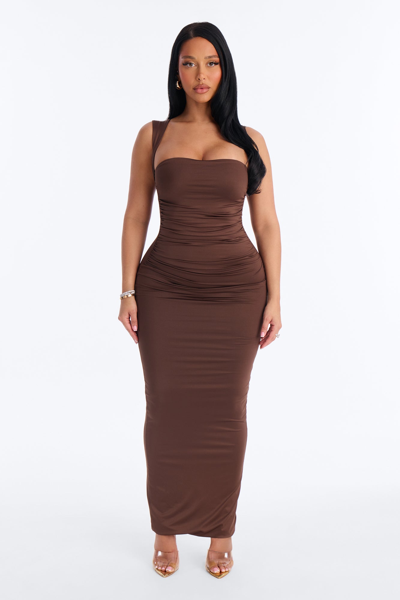 Contour Double Lined Straight Neck Maxi Dress - Chocolate