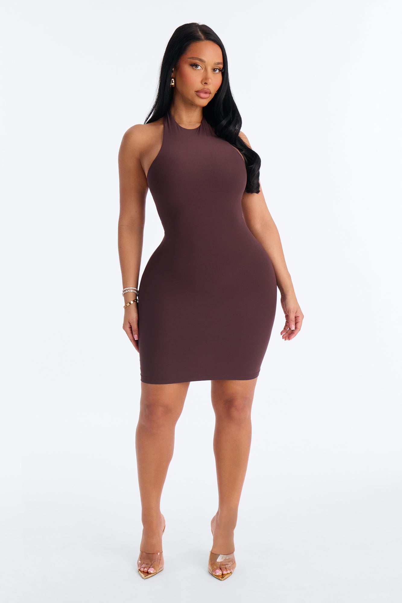 Second Skin Bra Pad Sleeveless Halter Mini Dress - Chocolate
