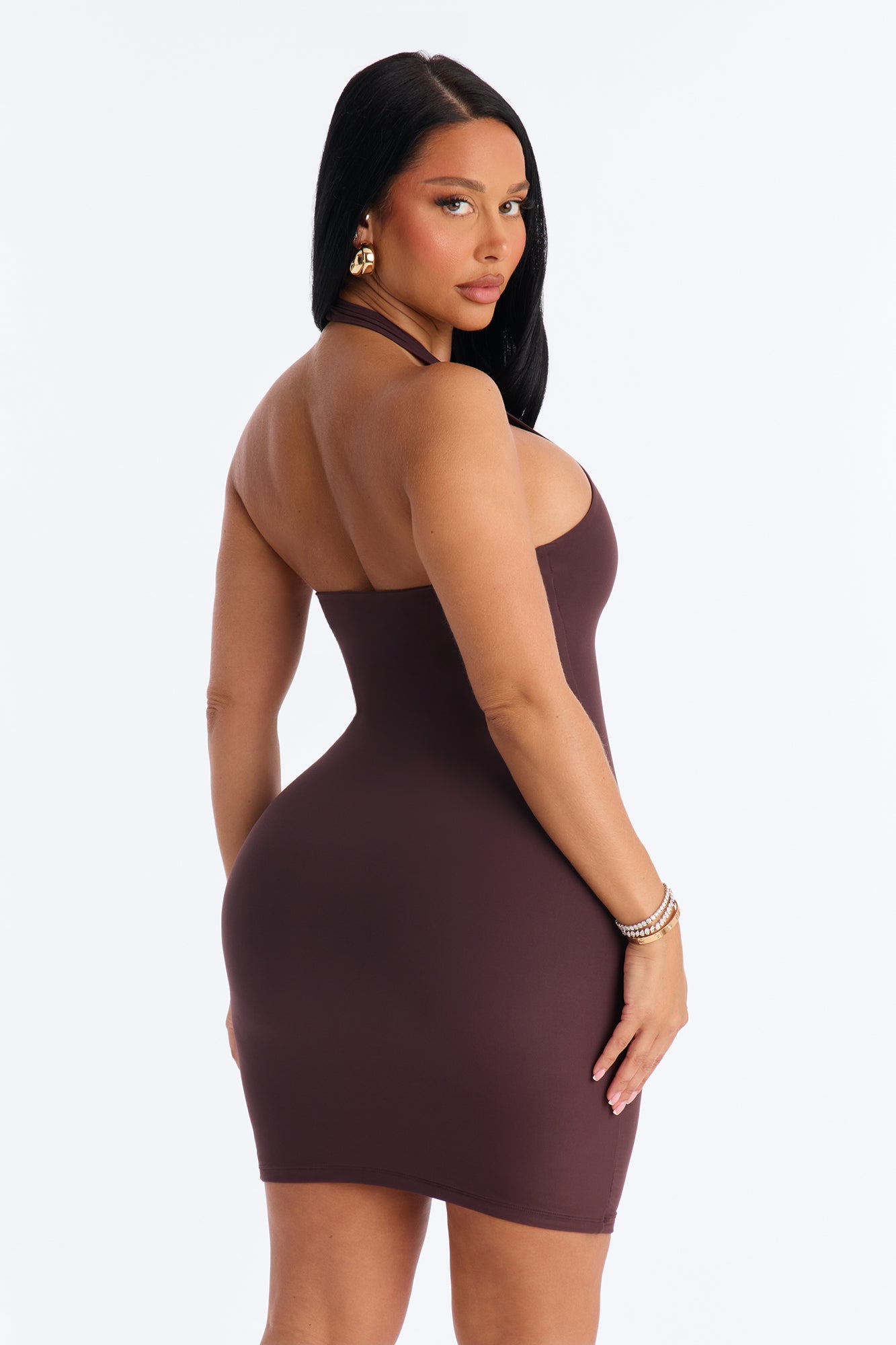 Second Skin Bra Pad Sleeveless Halter Mini Dress - Chocolate image 4