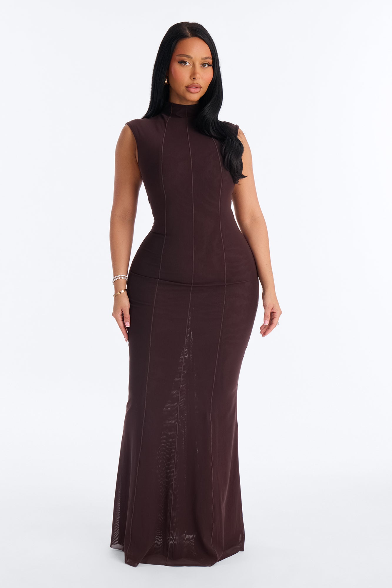 Power Mesh Double Lined Mock Neck Sleeveless Maxi Dress - Chocolate