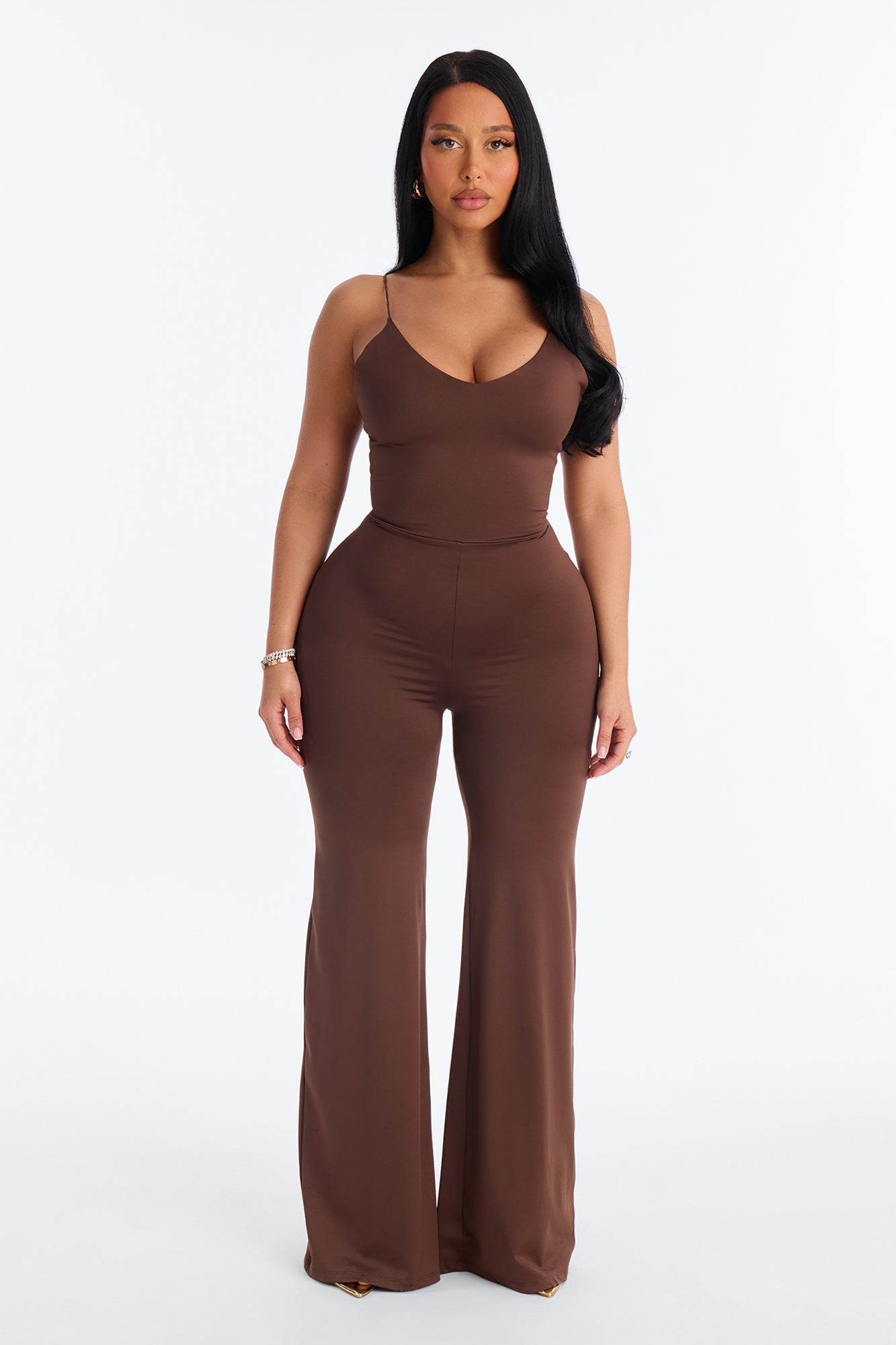 Contour Double Lined Spaghetti Strap Scoop Neck Jumpsuit - Chocolate