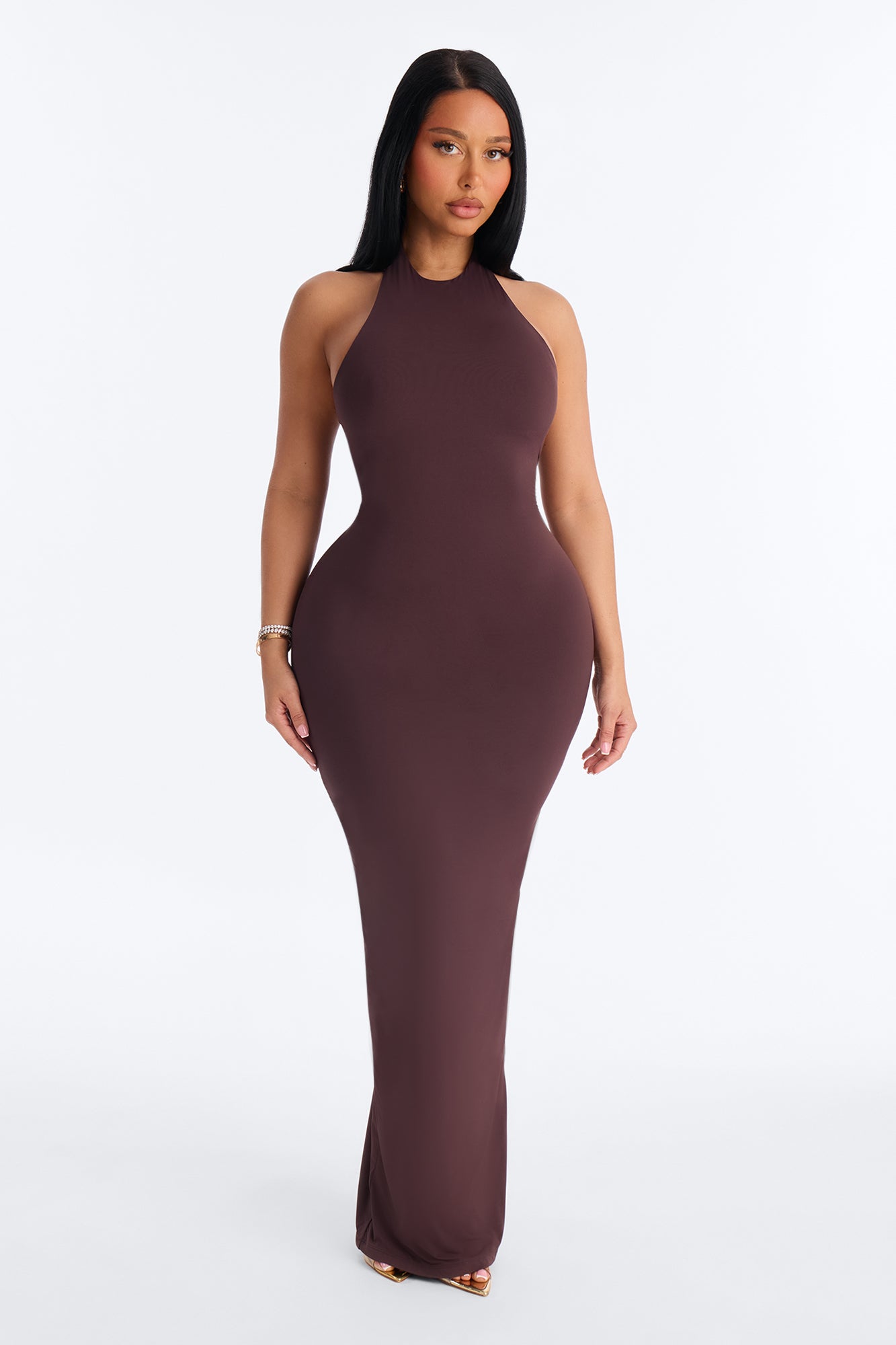 Second Skin Bra Pad Sleeveless Halter Maxi Dress - Chocolate