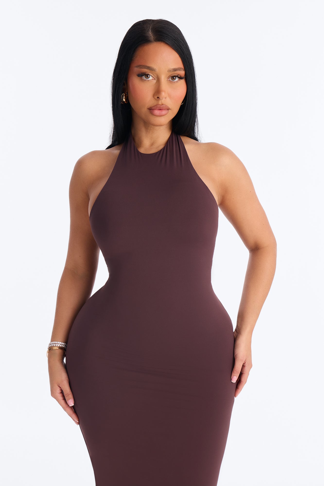 Second Skin Bra Pad Sleeveless Halter Maxi Dress - Chocolate image 2