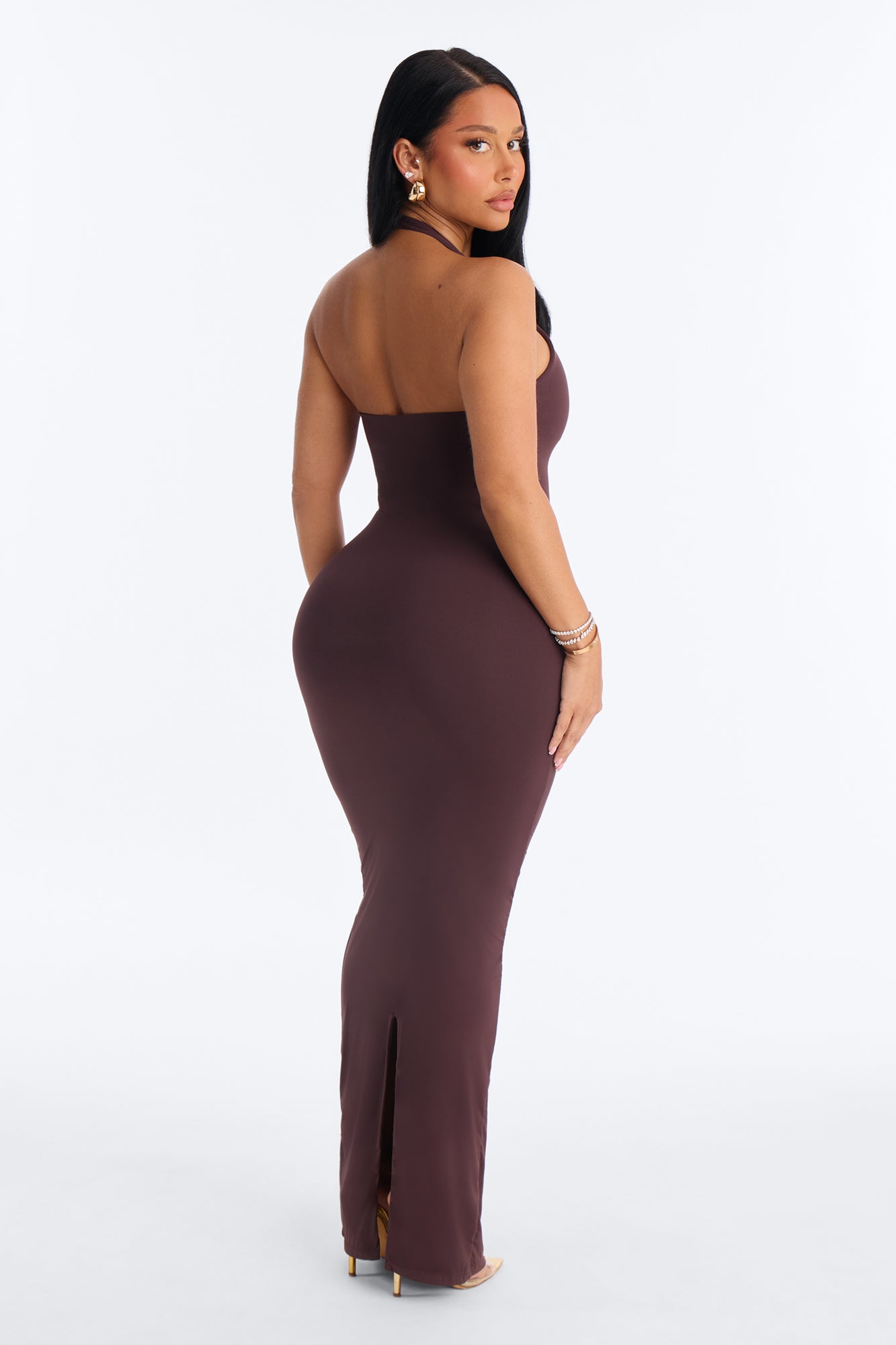 Second Skin Bra Pad Sleeveless Halter Maxi Dress - Chocolate image 4