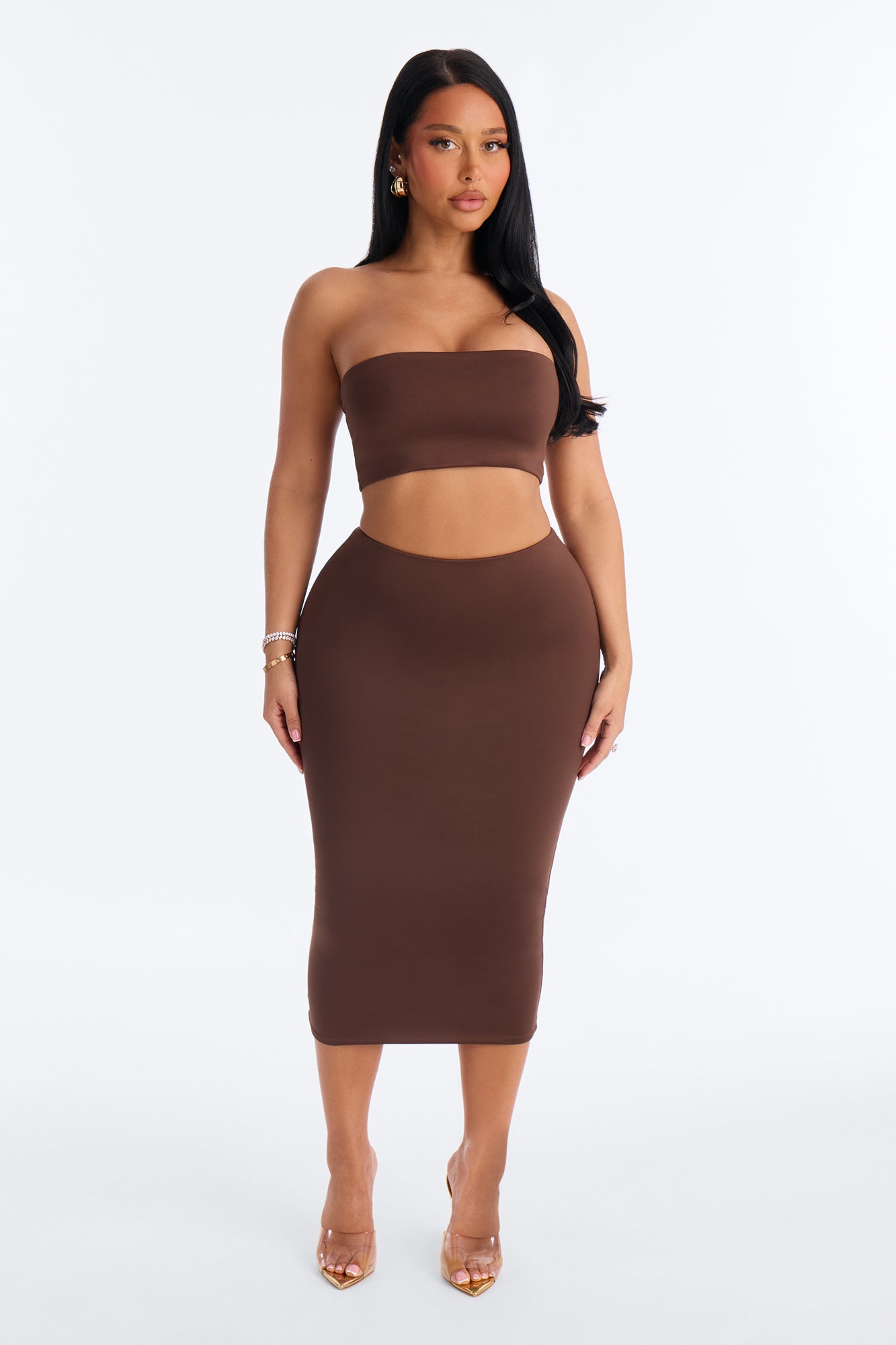 Contour Double Lined Pencil Midi Skirt - Chocolate