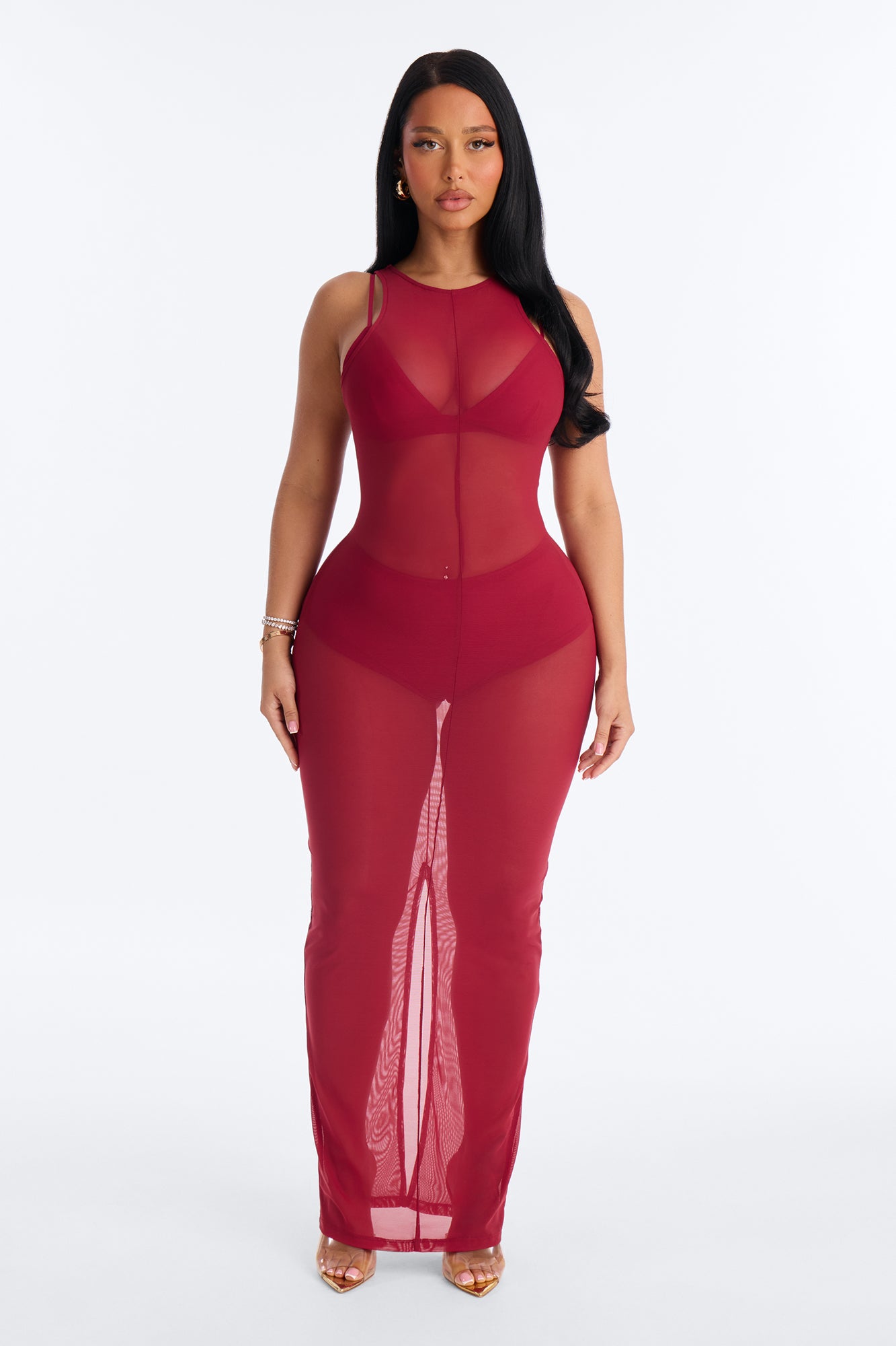 Power Mesh Sleeveless 3 Piece Maxi Dress Set - DarkRed