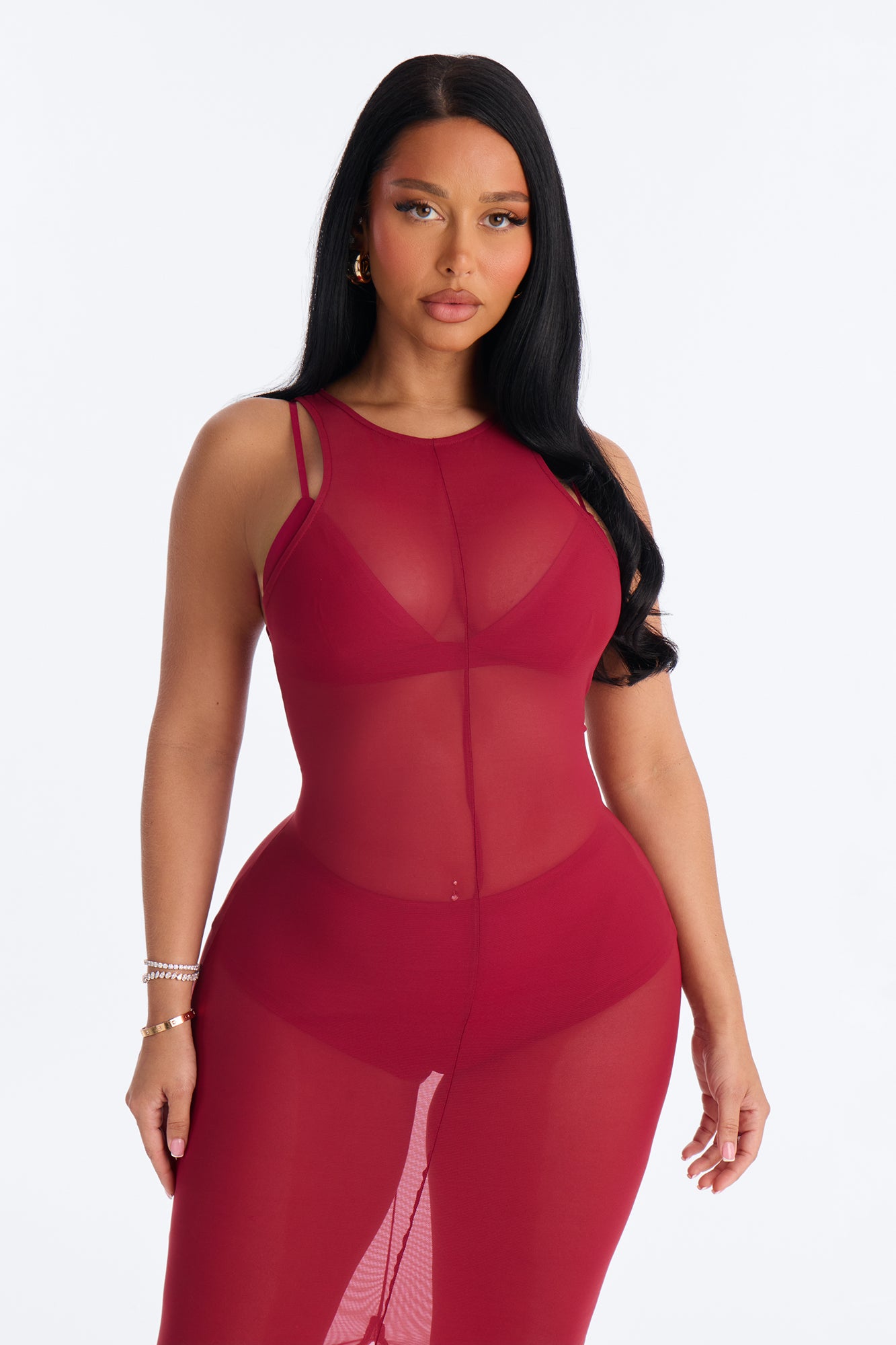 Power Mesh Sleeveless 3 Piece Maxi Dress Set - DarkRed image 2