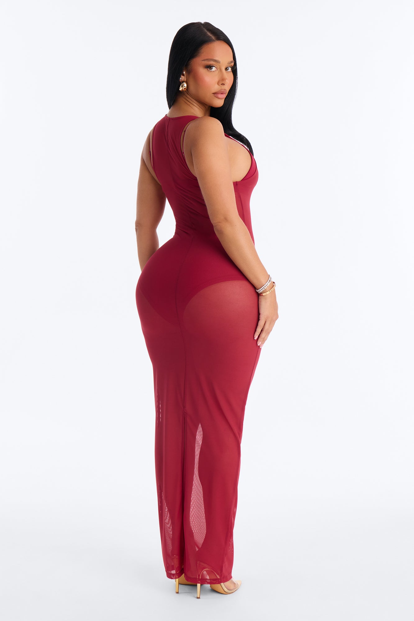 Power Mesh Sleeveless 3 Piece Maxi Dress Set - DarkRed image 4