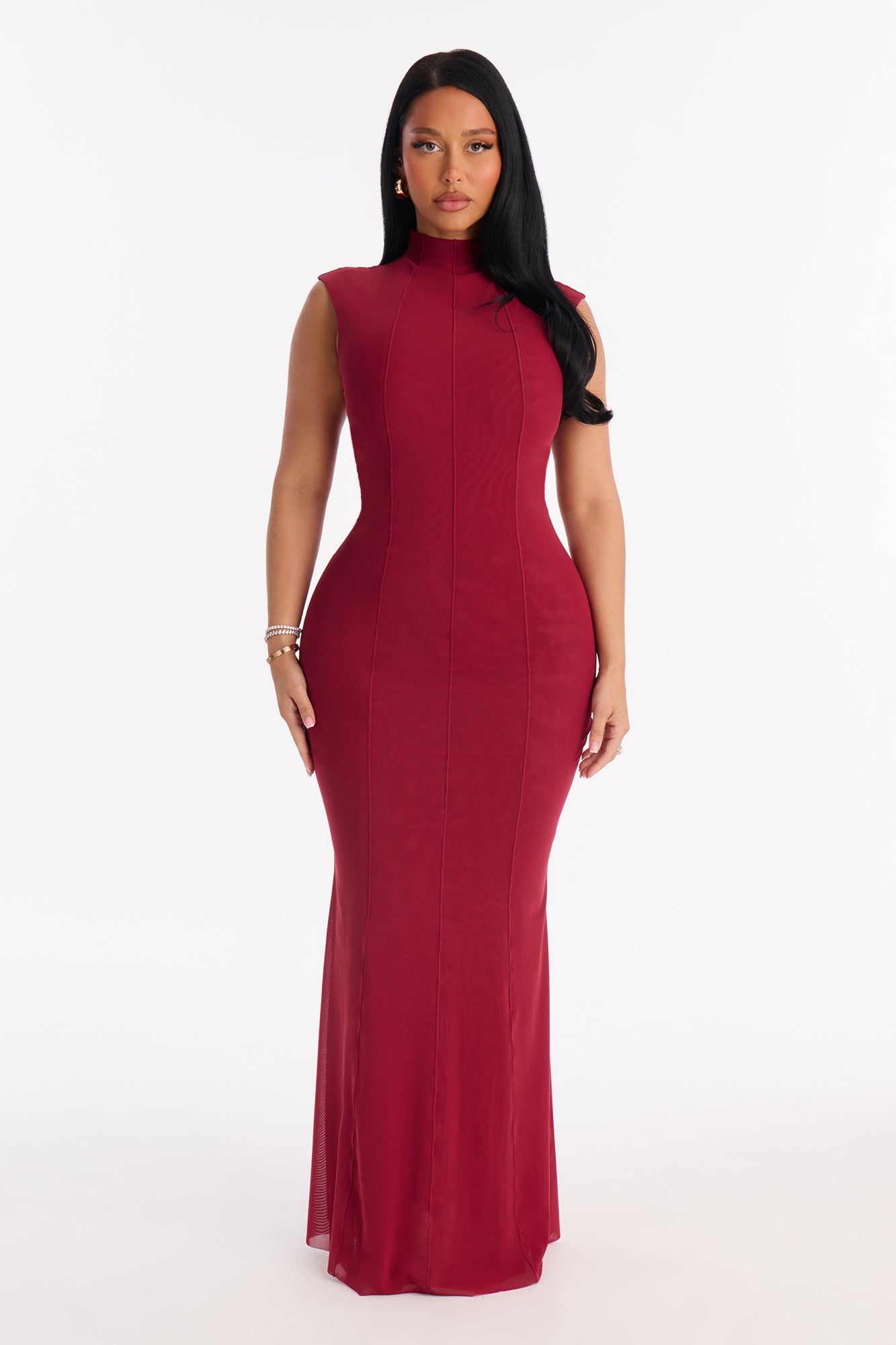 Power Mesh Double Lined Mock Neck Sleeveless Maxi Dress - DarkRed