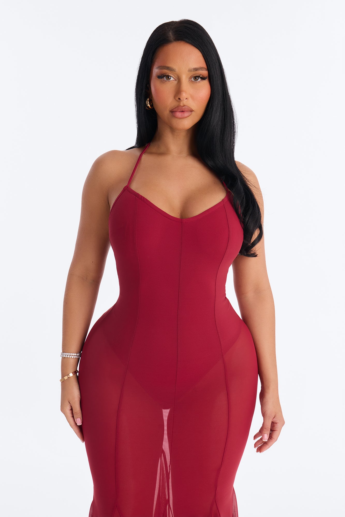 Power Mesh V Neck Halter Maxi Dress - DarkRed image 2