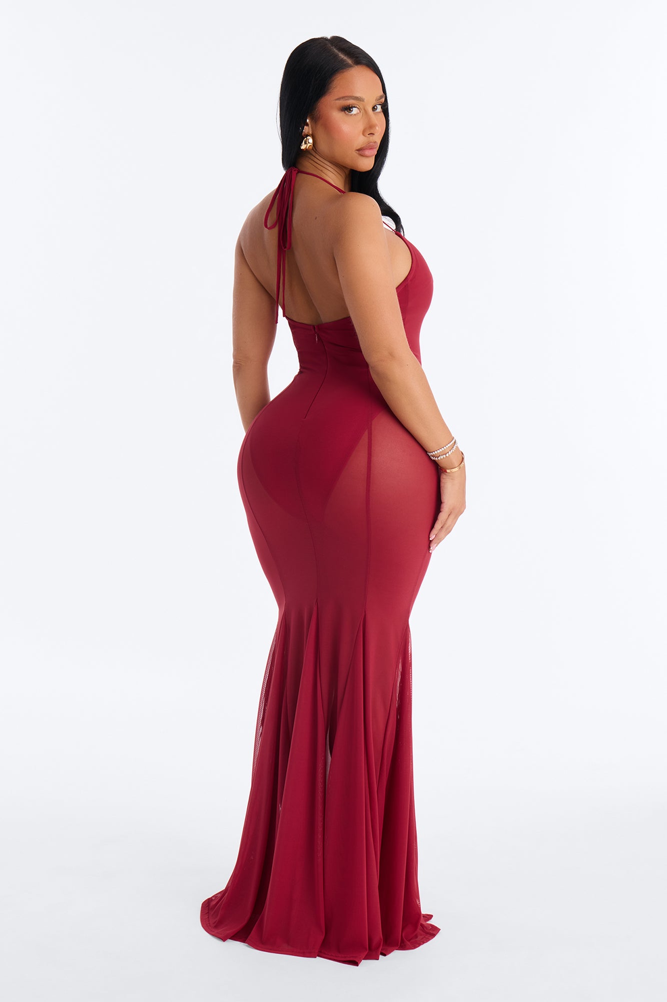 Power Mesh V Neck Halter Maxi Dress - DarkRed image 4
