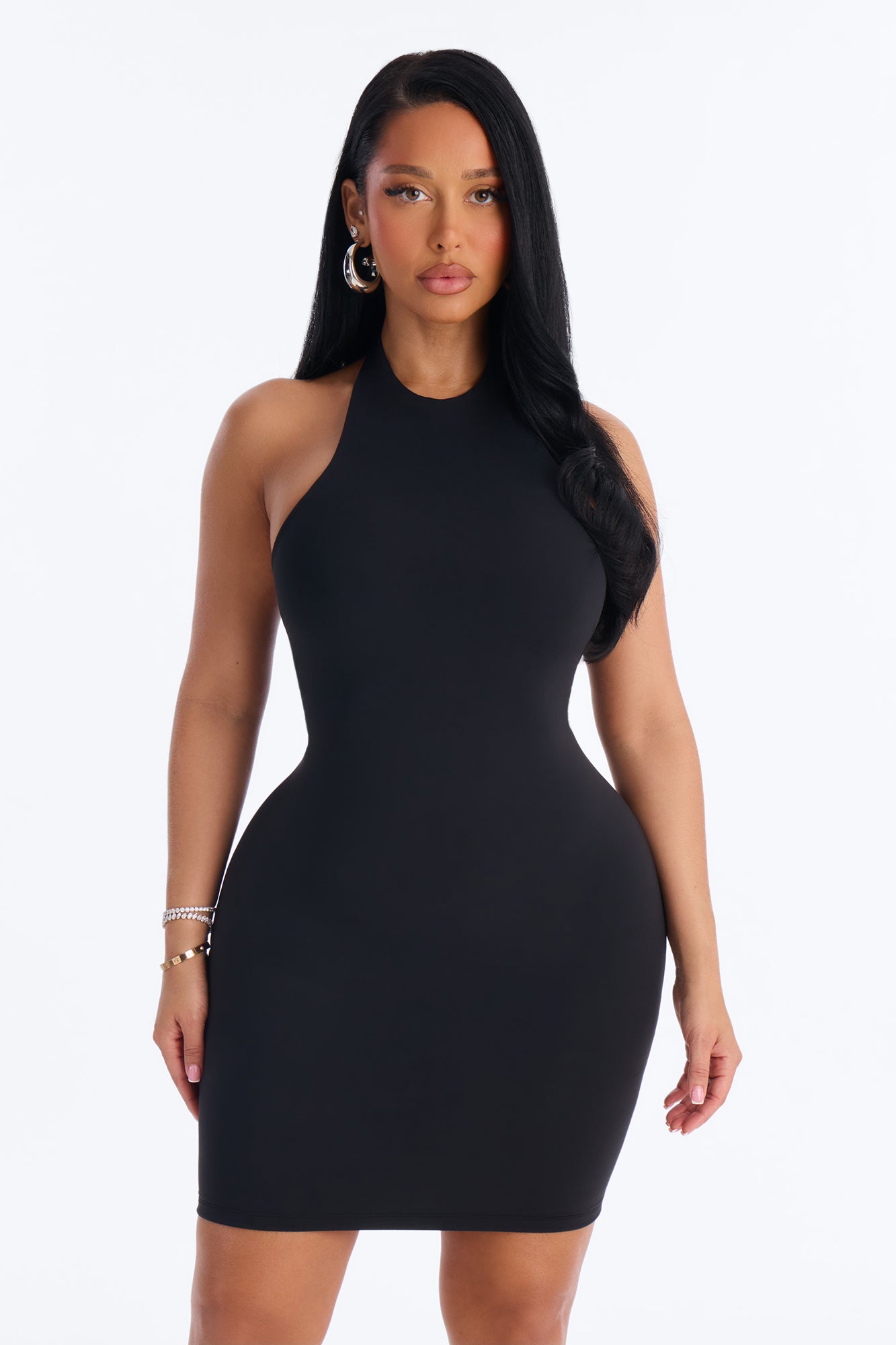 Second Skin Bra Pad Sleeveless Halter Mini Dress - Black image 2