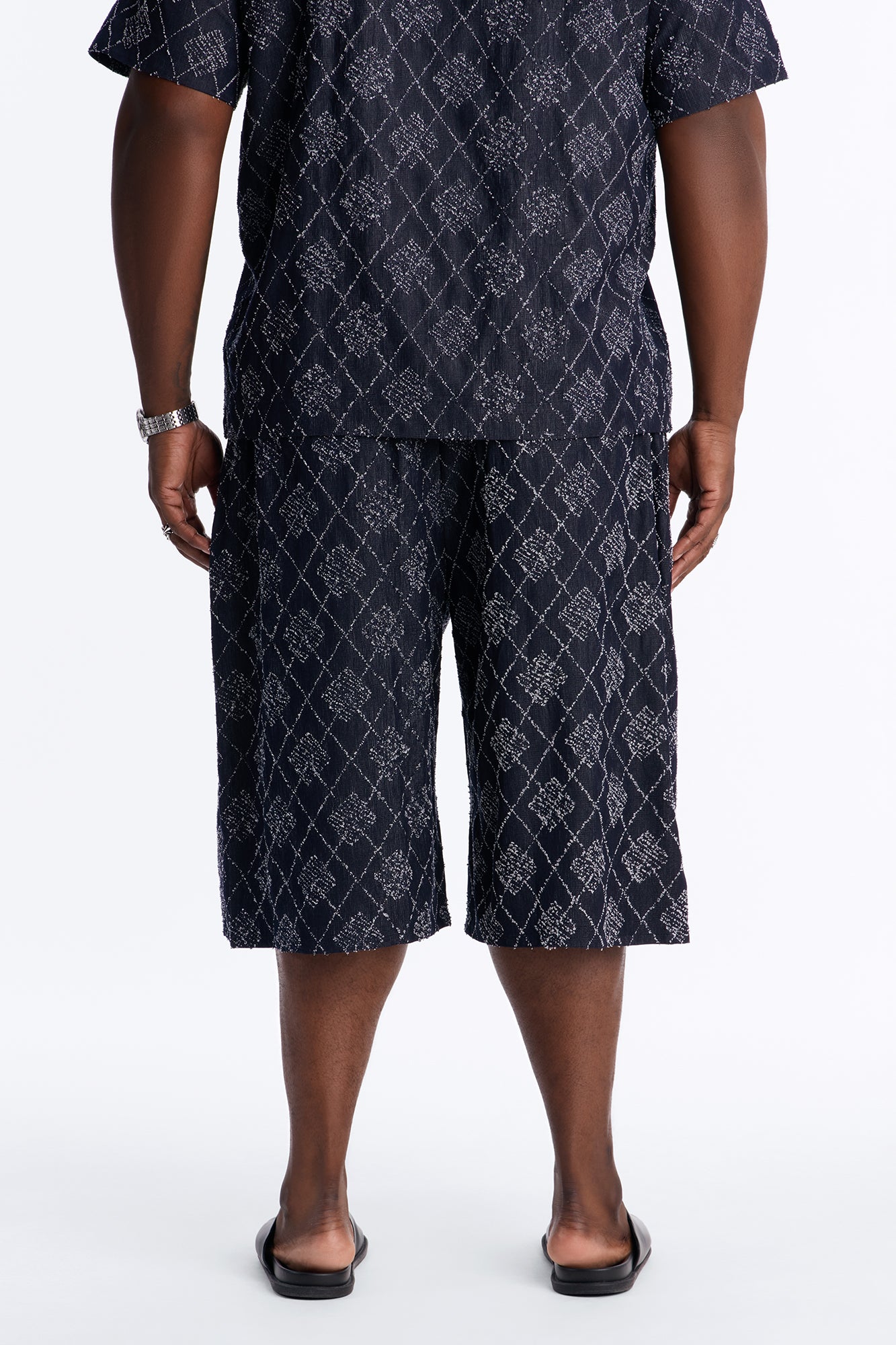 Baggy Diamond Frayed Jacquard Long Short - Navy image 8