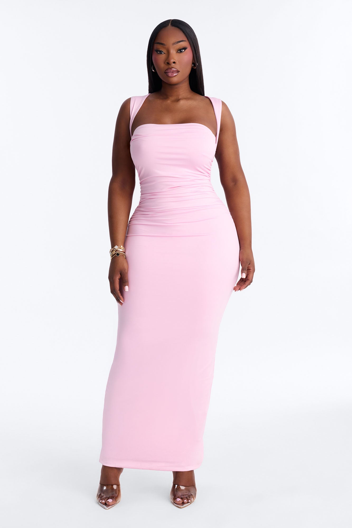 Contour Double Lined Straight Neck Maxi Dress - Light Pink