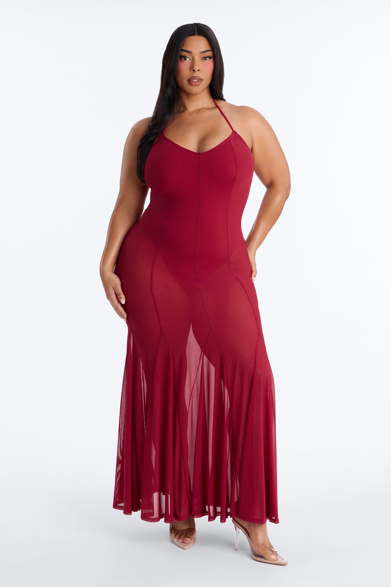 Power Mesh V Neck Halter Maxi Dress - DarkRed image 5