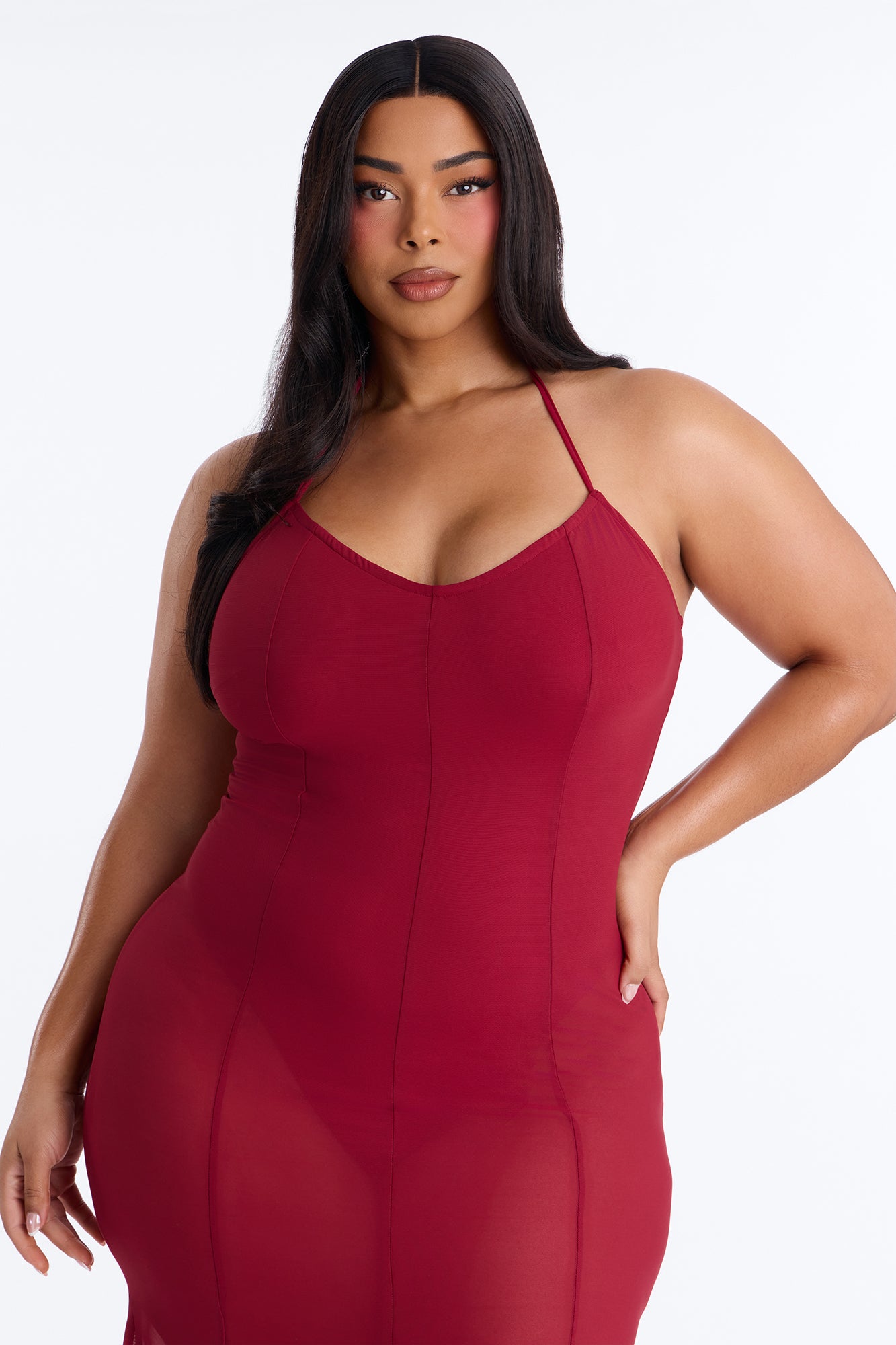 Power Mesh V Neck Halter Maxi Dress - DarkRed image 6