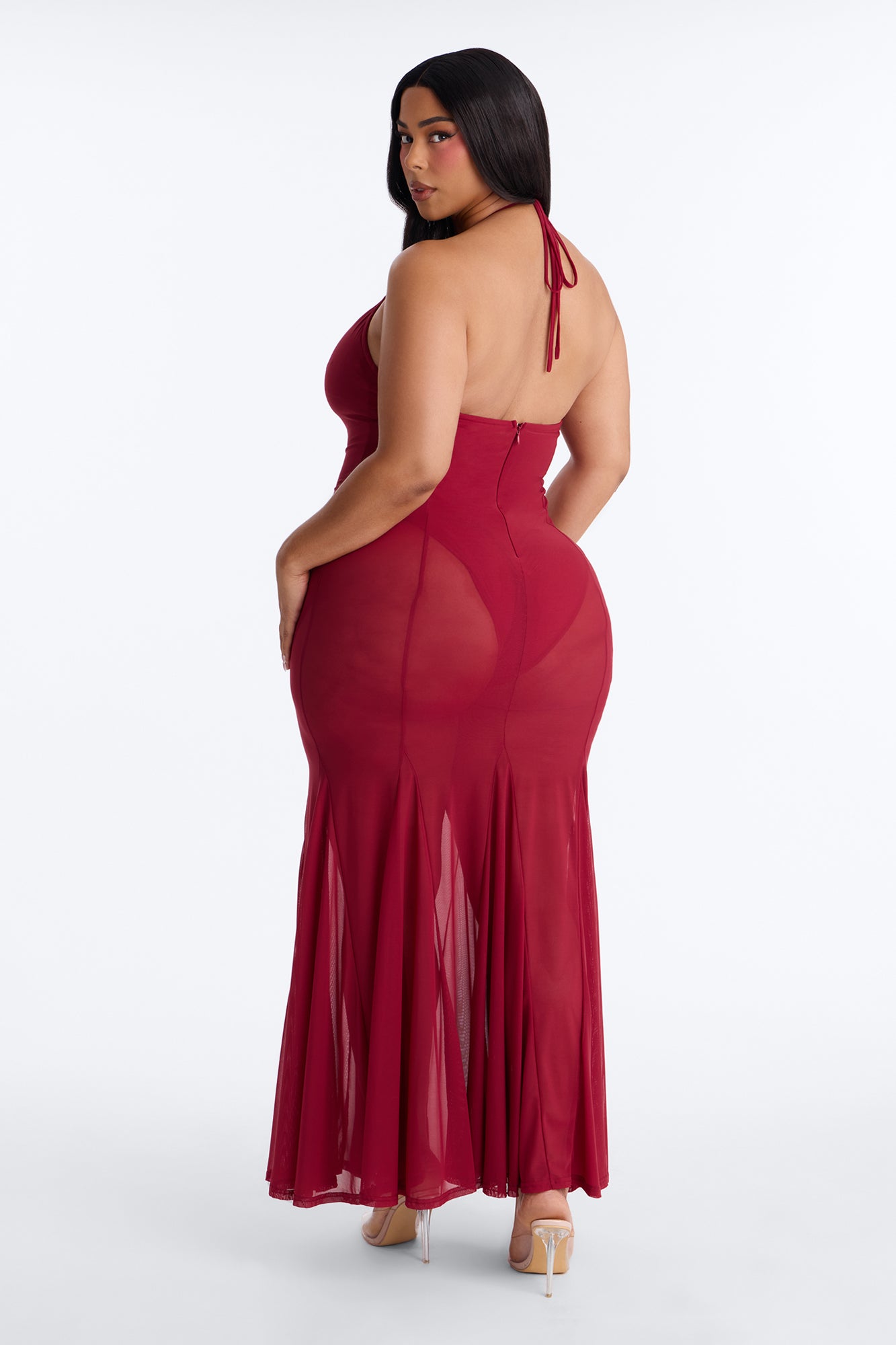 Power Mesh V Neck Halter Maxi Dress - DarkRed image 8