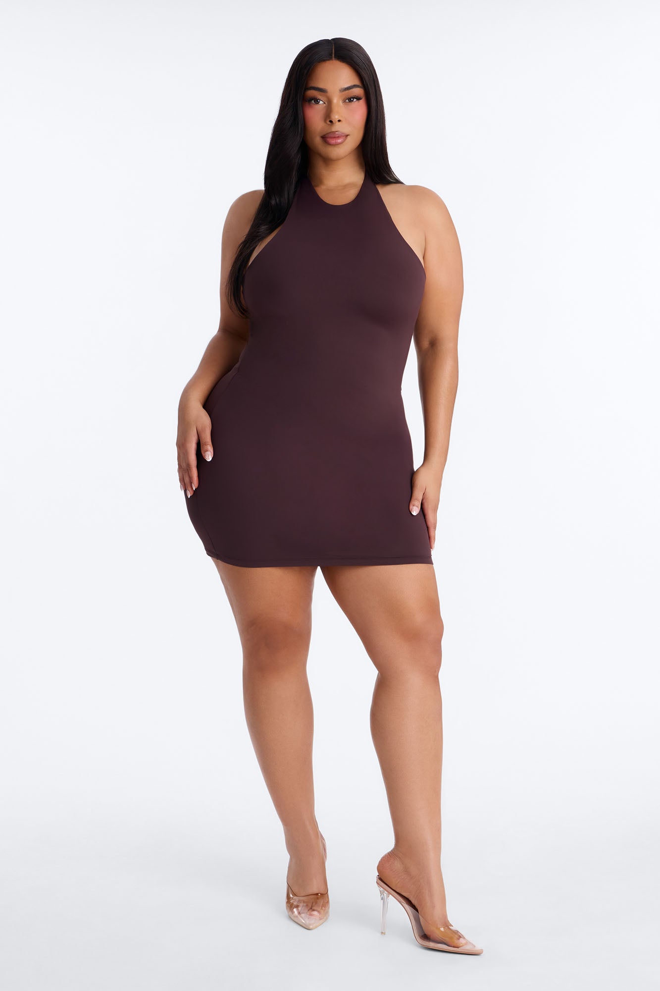 Second Skin Bra Pad Sleeveless Halter Mini Dress - Chocolate image 6