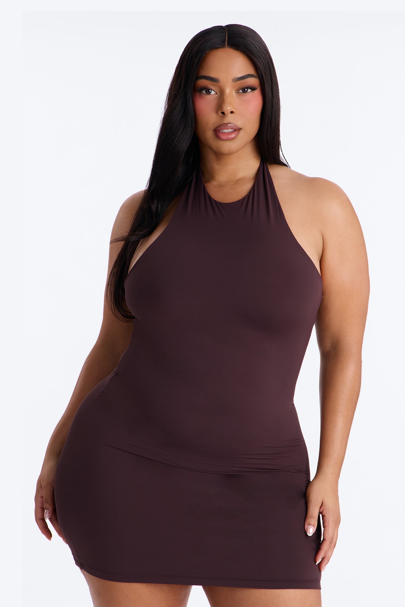 Second Skin Bra Pad Sleeveless Halter Mini Dress - Chocolate image 5
