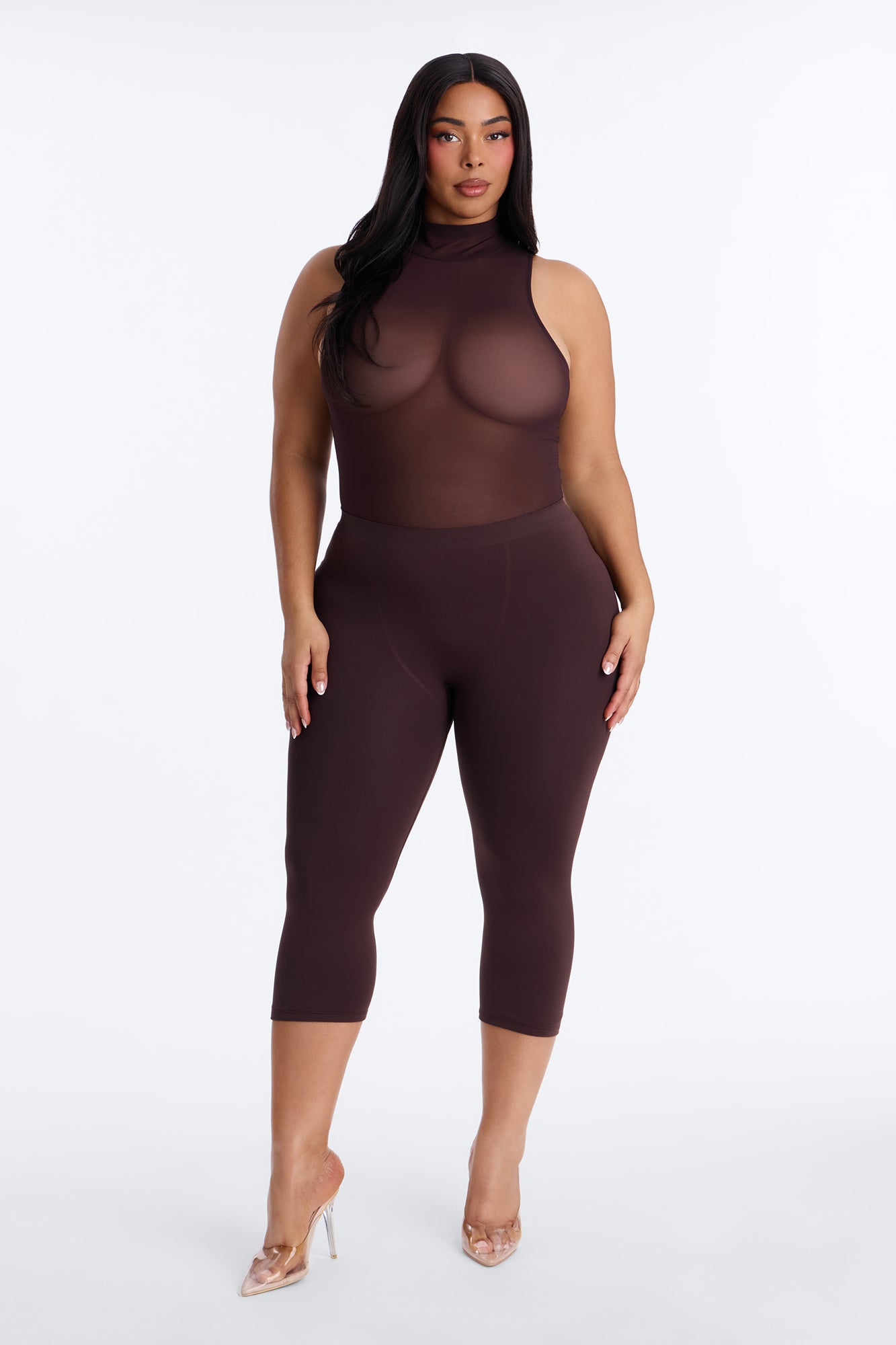 Power Mesh Turtle Neck Sleeveless Bodysuit - Chocolate image 7