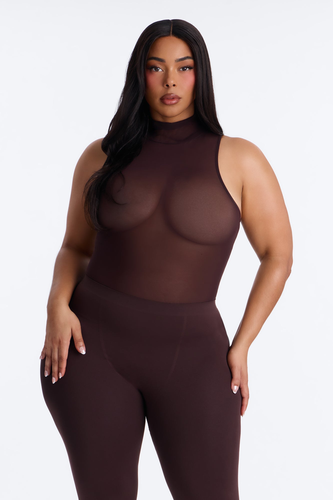 Power Mesh Turtle Neck Sleeveless Bodysuit - Chocolate image 8