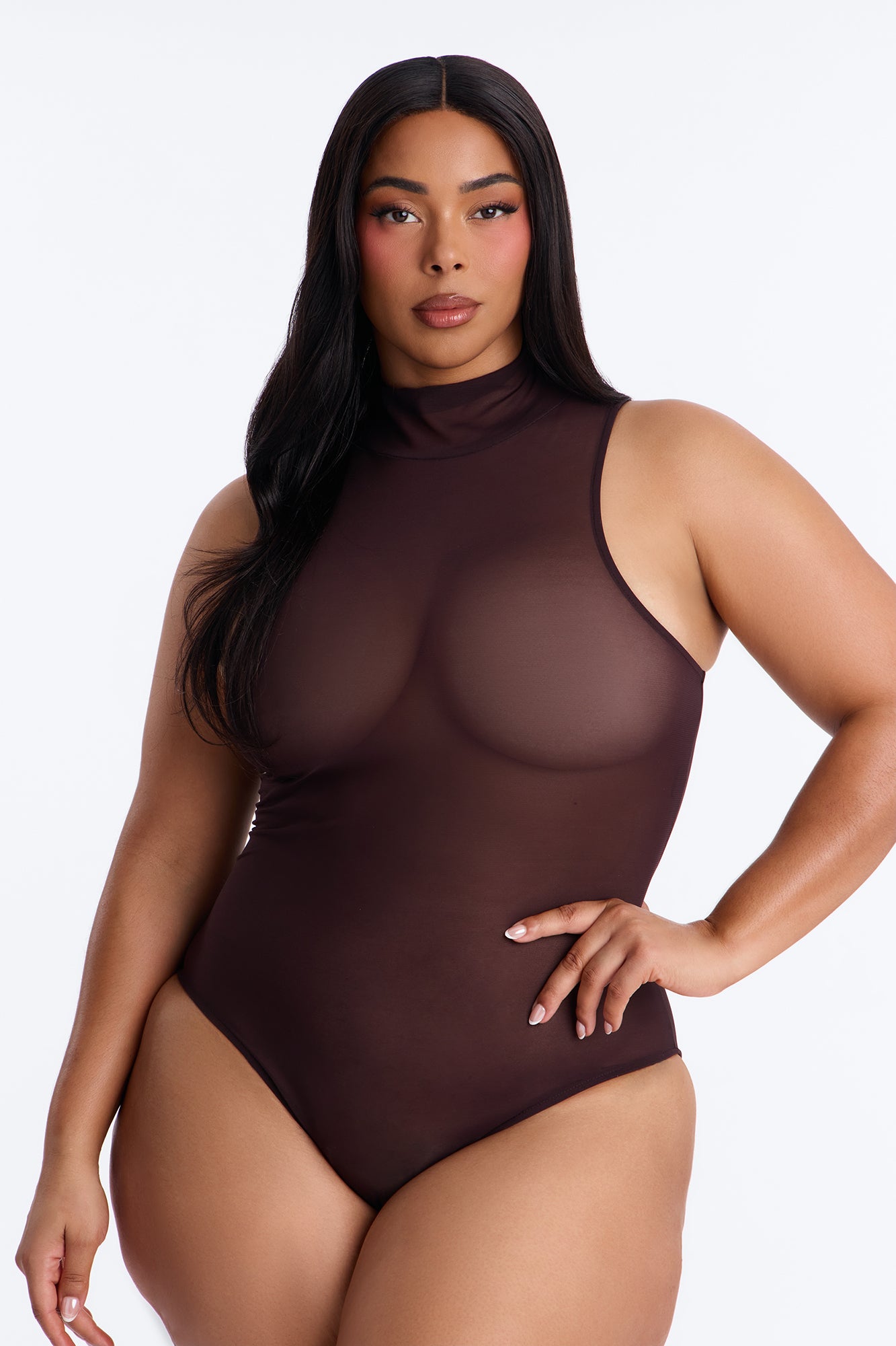 Power Mesh Turtle Neck Sleeveless Bodysuit - Chocolate image 6