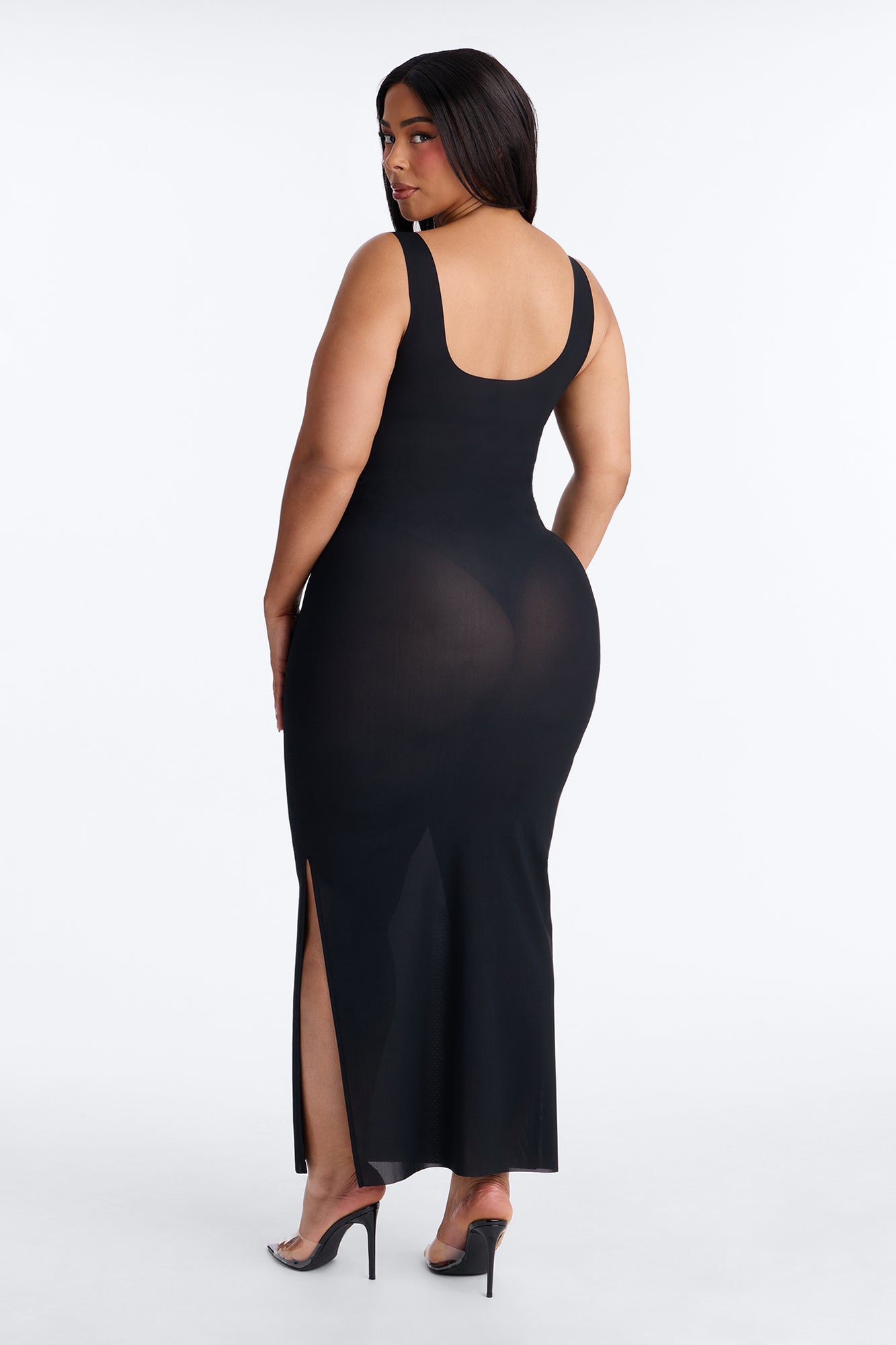 Power Mesh Low Scoop Back Sleeveless Maxi Dress - Black image 8