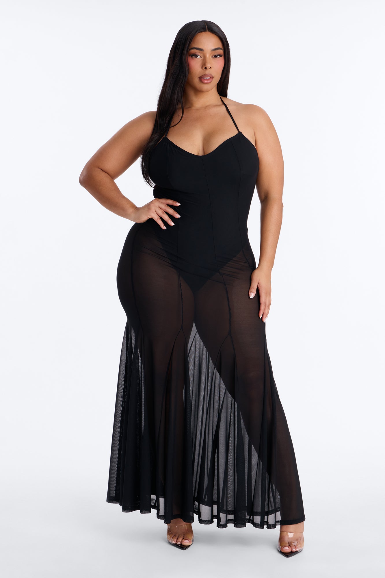 Power Mesh V Neck Halter Maxi Dress - Black image 5