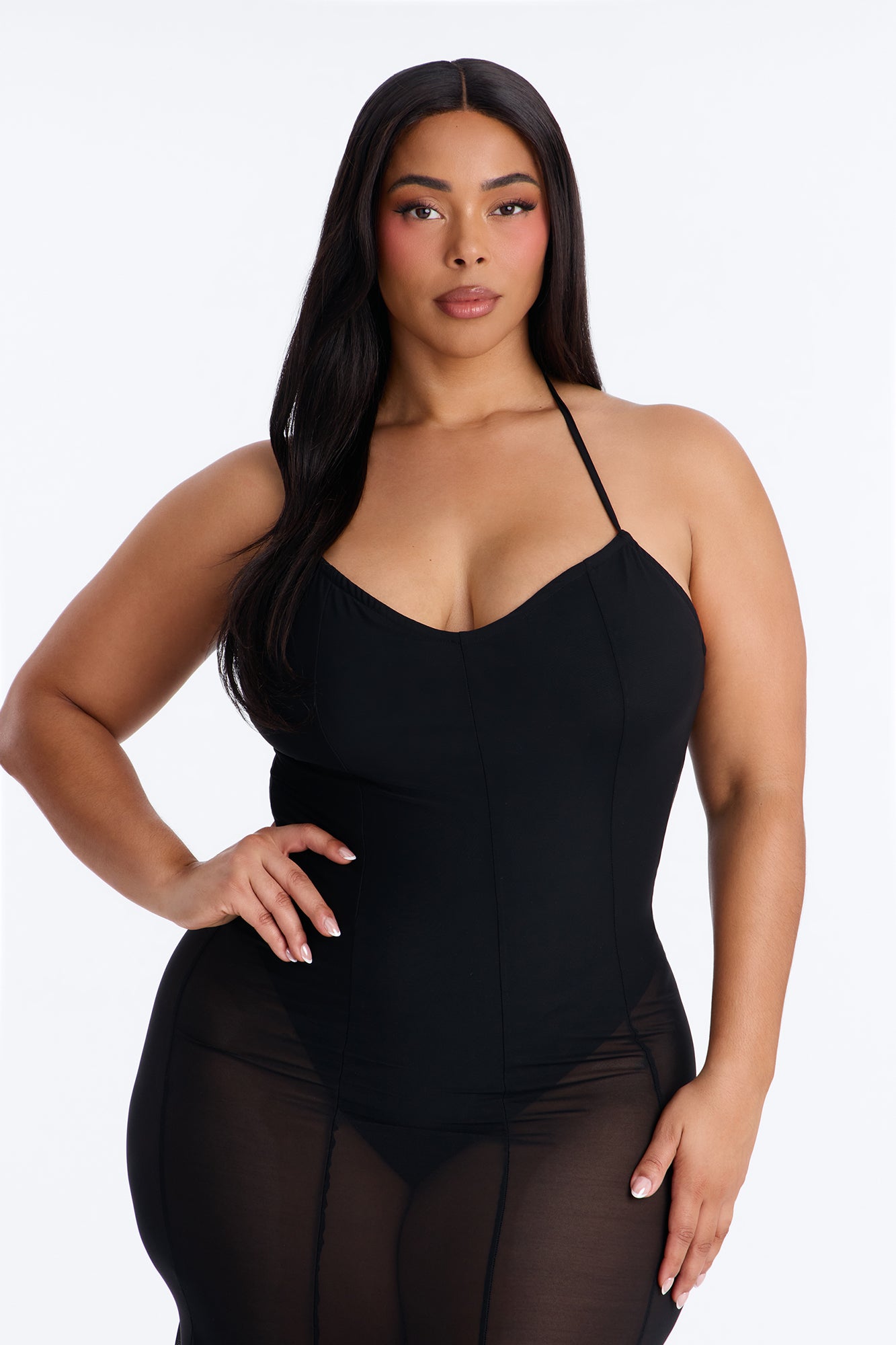 Power Mesh V Neck Halter Maxi Dress - Black image 6