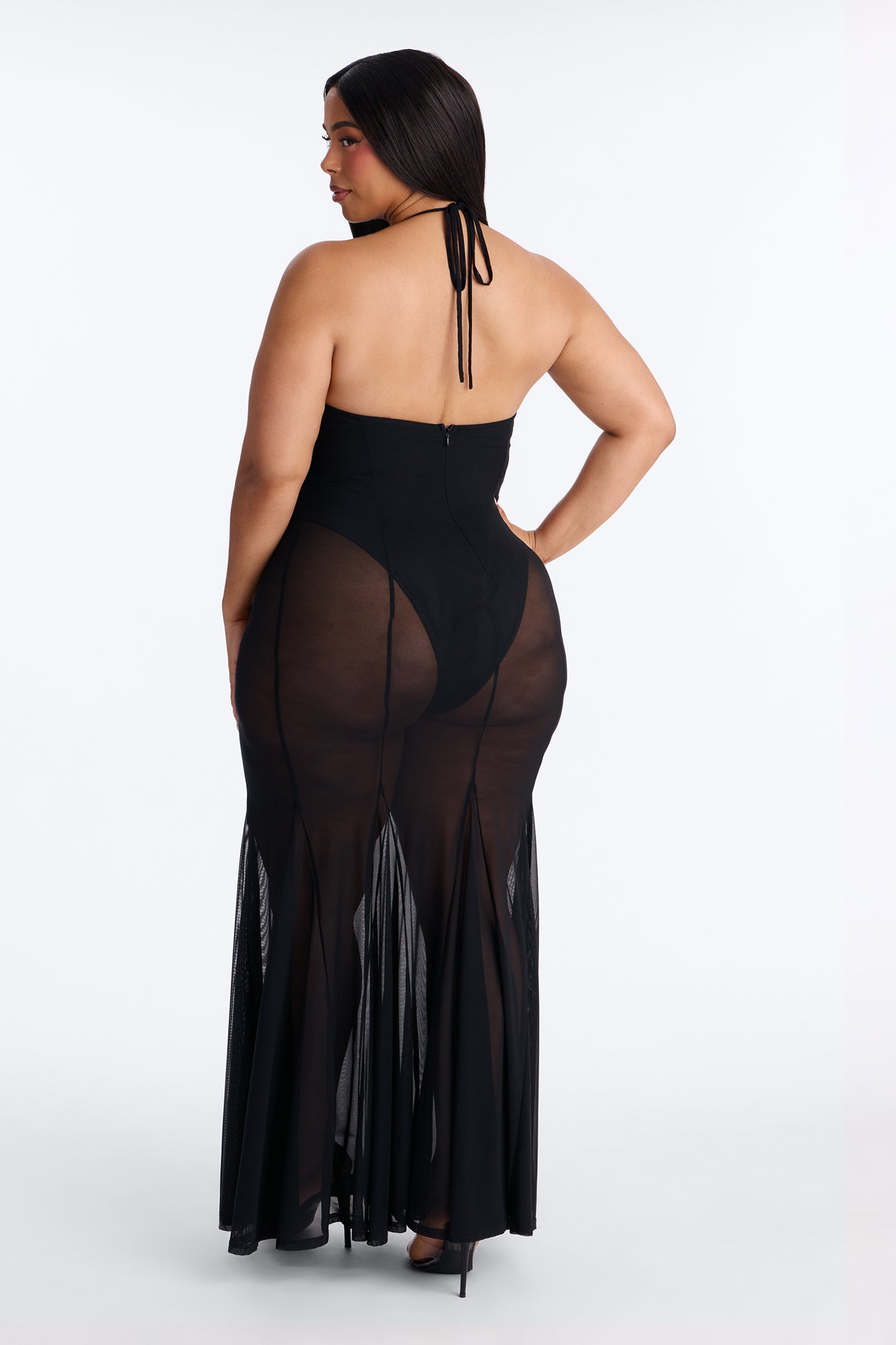 Power Mesh V Neck Halter Maxi Dress - Black image 8