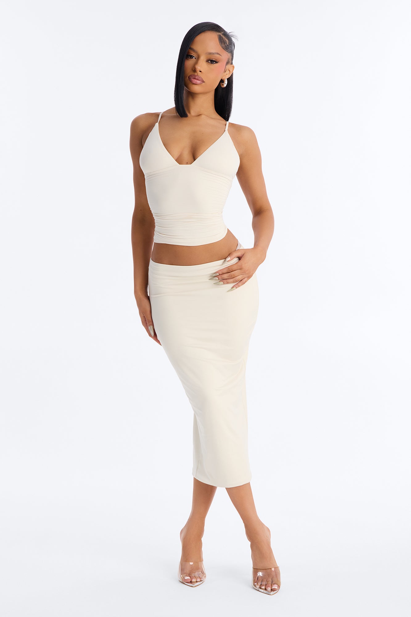 Contour Double Lined Pencil Midi Skirt - Bone